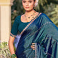 Jyoti Fashion Women's Teal Shimmer Chiffon Embellished Border with Crystal Lines Saree with Blouse | Swadesiicart