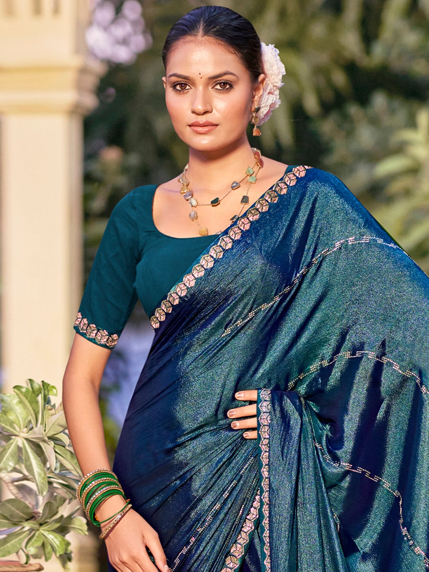 Jyoti Fashion Women's Teal Shimmer Chiffon Embellished Border with Crystal Lines Saree with Blouse | Swadesiicart