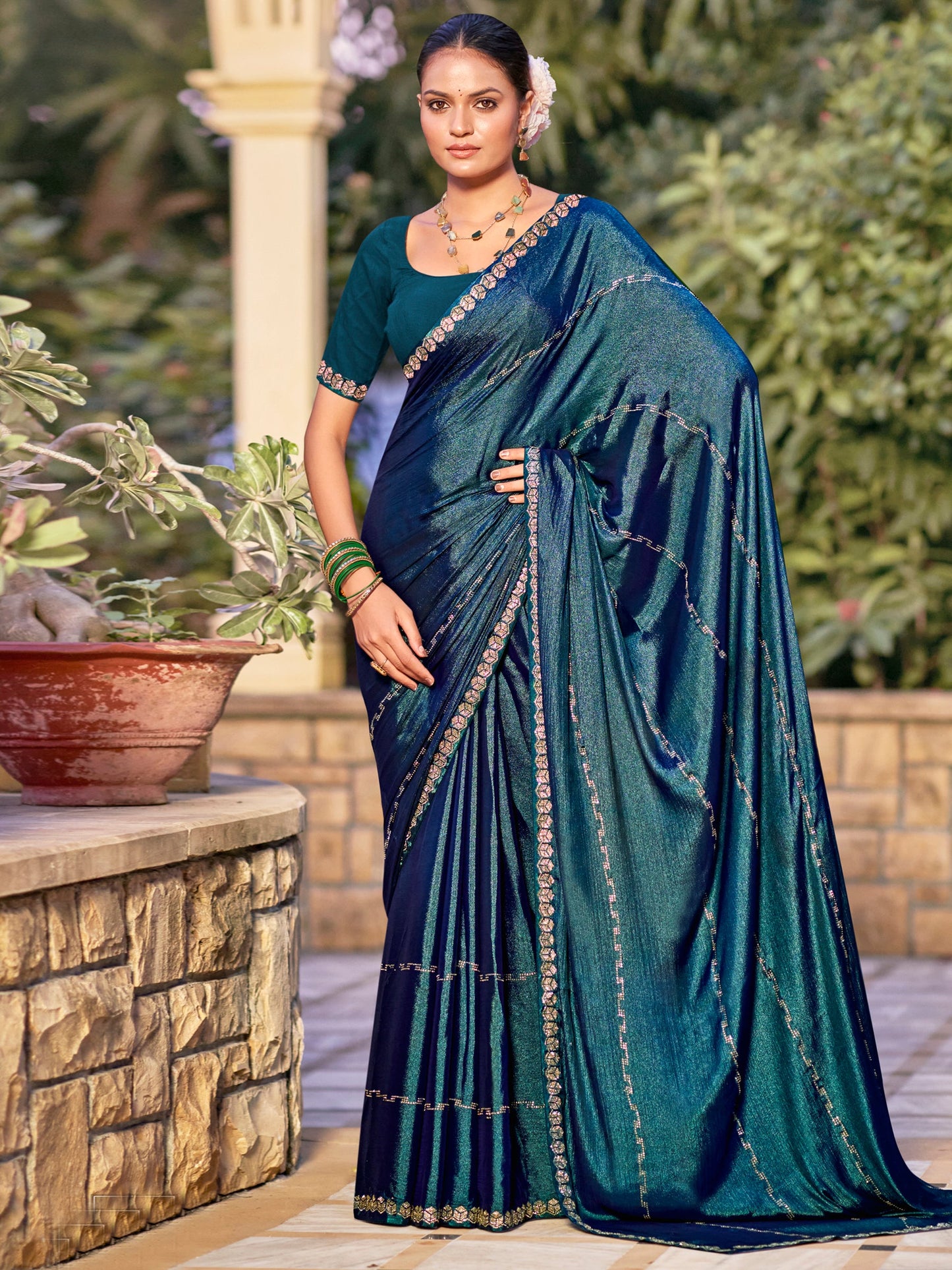 Jyoti Fashion Women's Teal Shimmer Chiffon Embellished Border with Crystal Lines Saree with Blouse | Swadesiicart