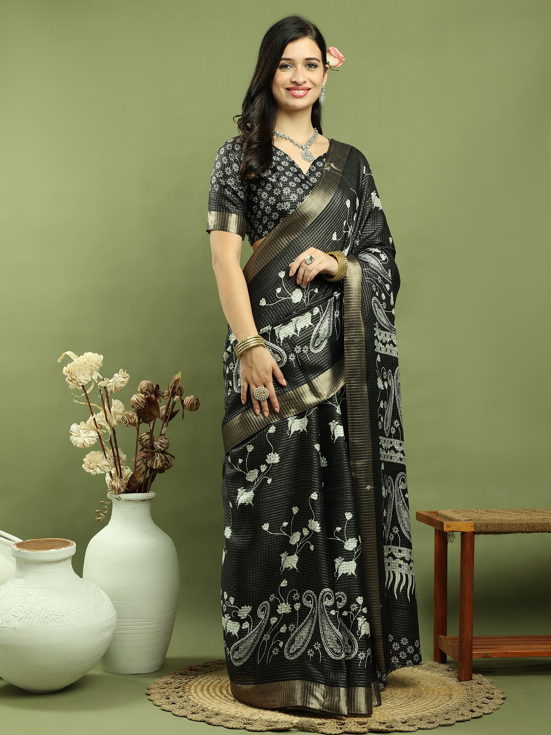 Jyoti Fashion Women's Black Silk Blend Floral Print with Checks Jari Weaving Saree with Blouse | Swadesiicart