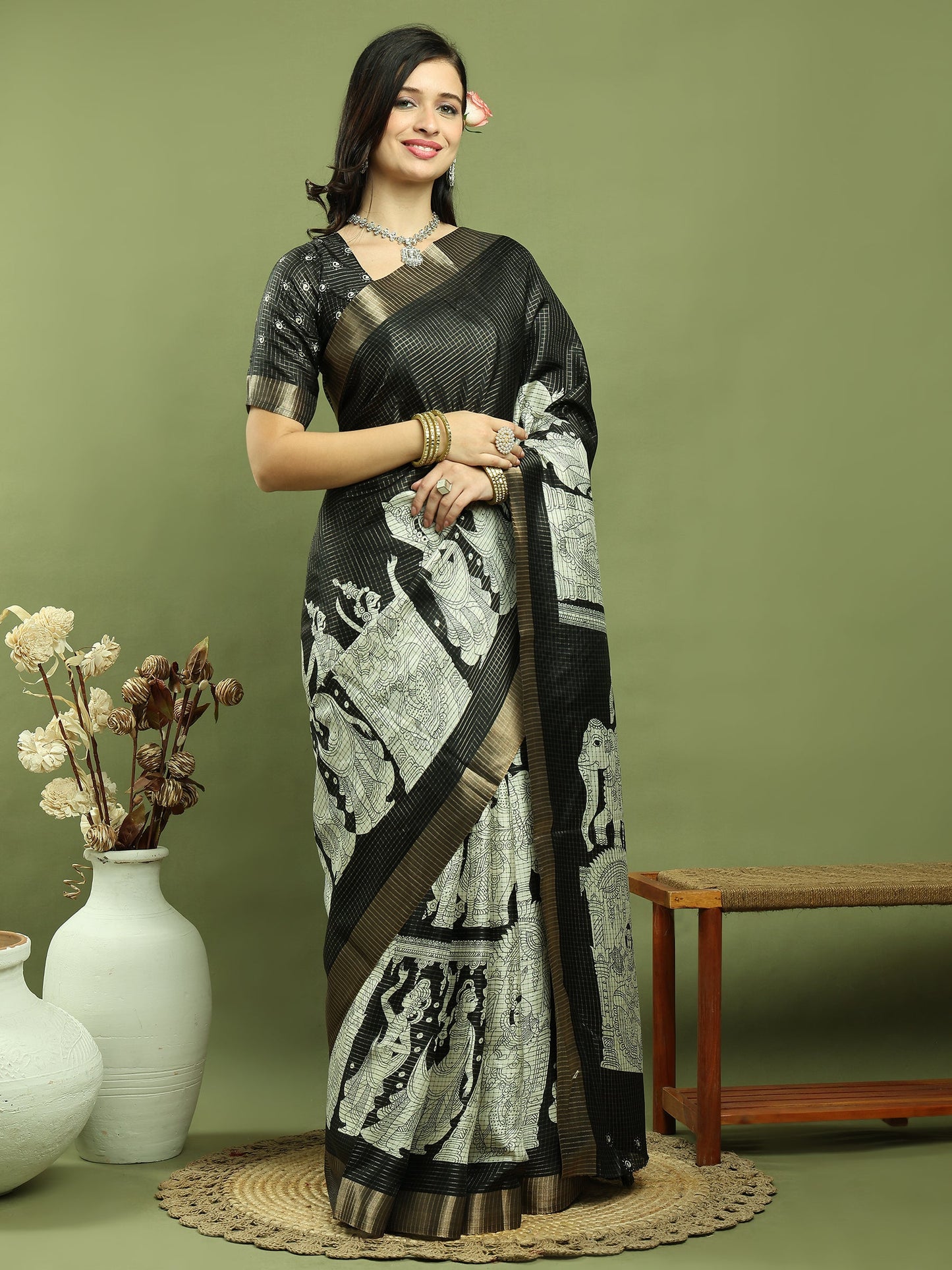 Jyoti Fashion Women's Black Silk Blend Print with Checks Jari Weaving Pattrn Saree with Blouse | Swadesiicart