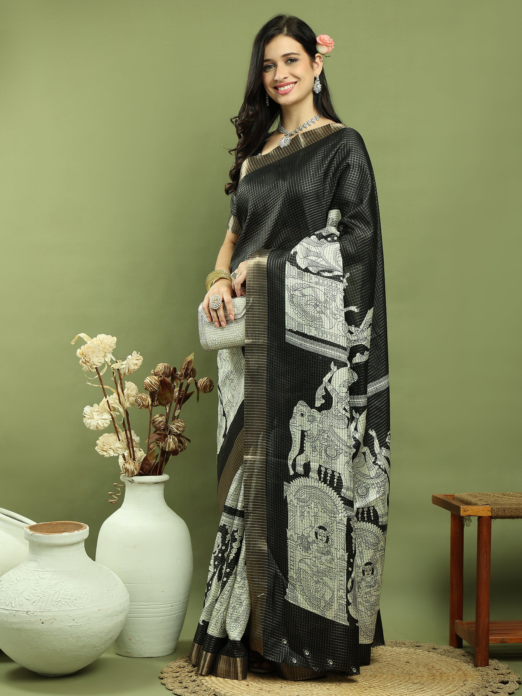 Jyoti Fashion Women's Black Silk Blend Print with Checks Jari Weaving Pattrn Saree with Blouse | Swadesiicart