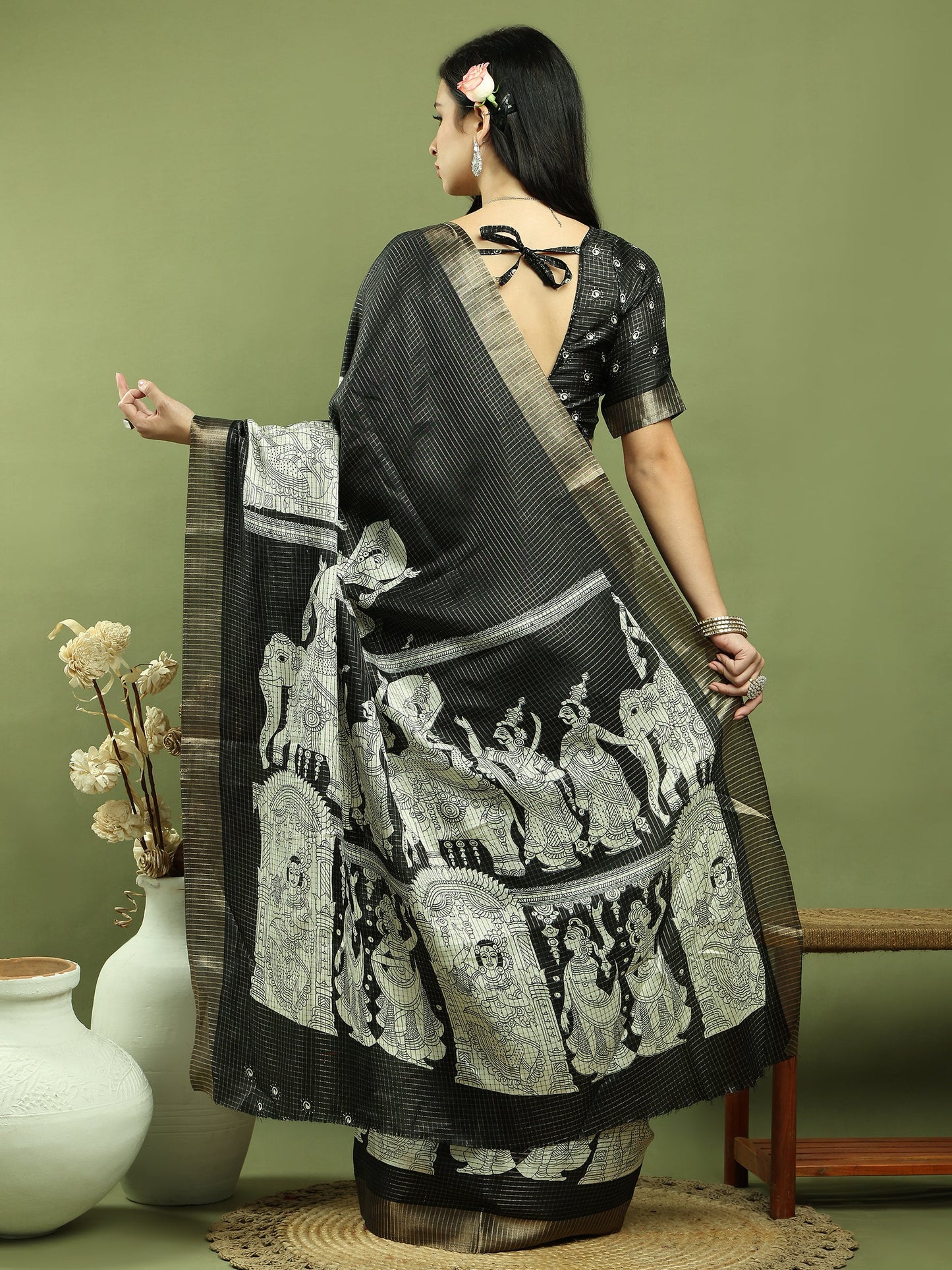 Jyoti Fashion Women's Black Silk Blend Print with Checks Jari Weaving Pattrn Saree with Blouse | Swadesiicart