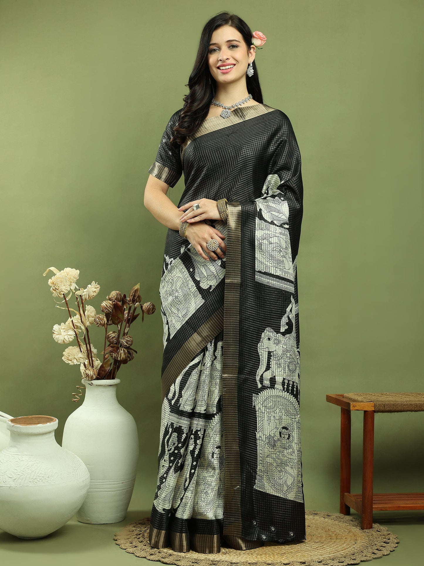 Jyoti Fashion Women's Black Silk Blend Print with Checks Jari Weaving Pattrn Saree with Blouse | Swadesiicart