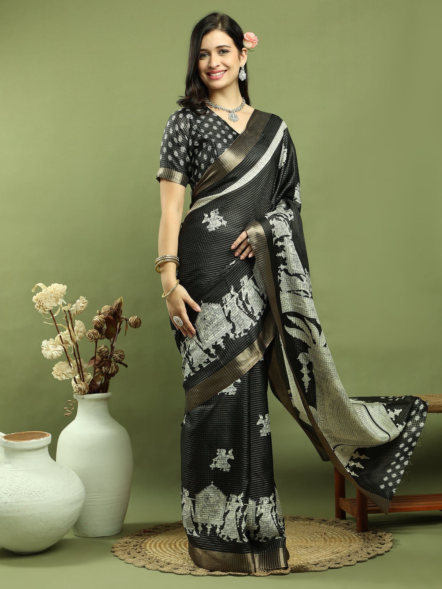 Jyoti Fashion Women's Black Silk Blend Print with Checks Jari Weaving Pattrn Saree with Blouse | Swadesiicart