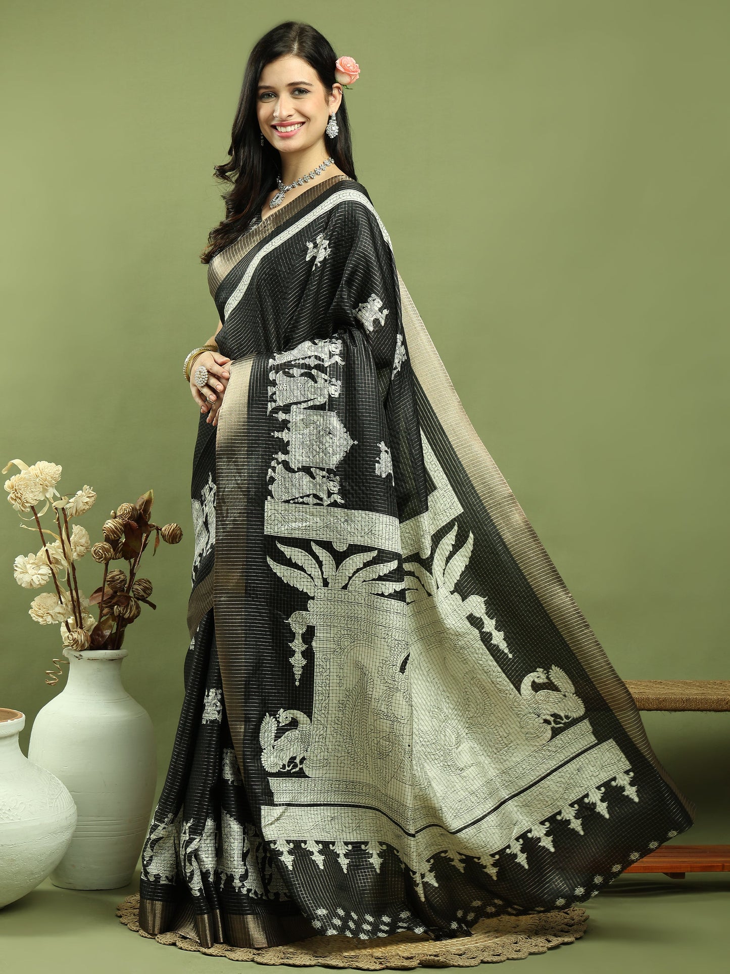 Jyoti Fashion Women's Black Silk Blend Print with Checks Jari Weaving Pattrn Saree with Blouse | Swadesiicart
