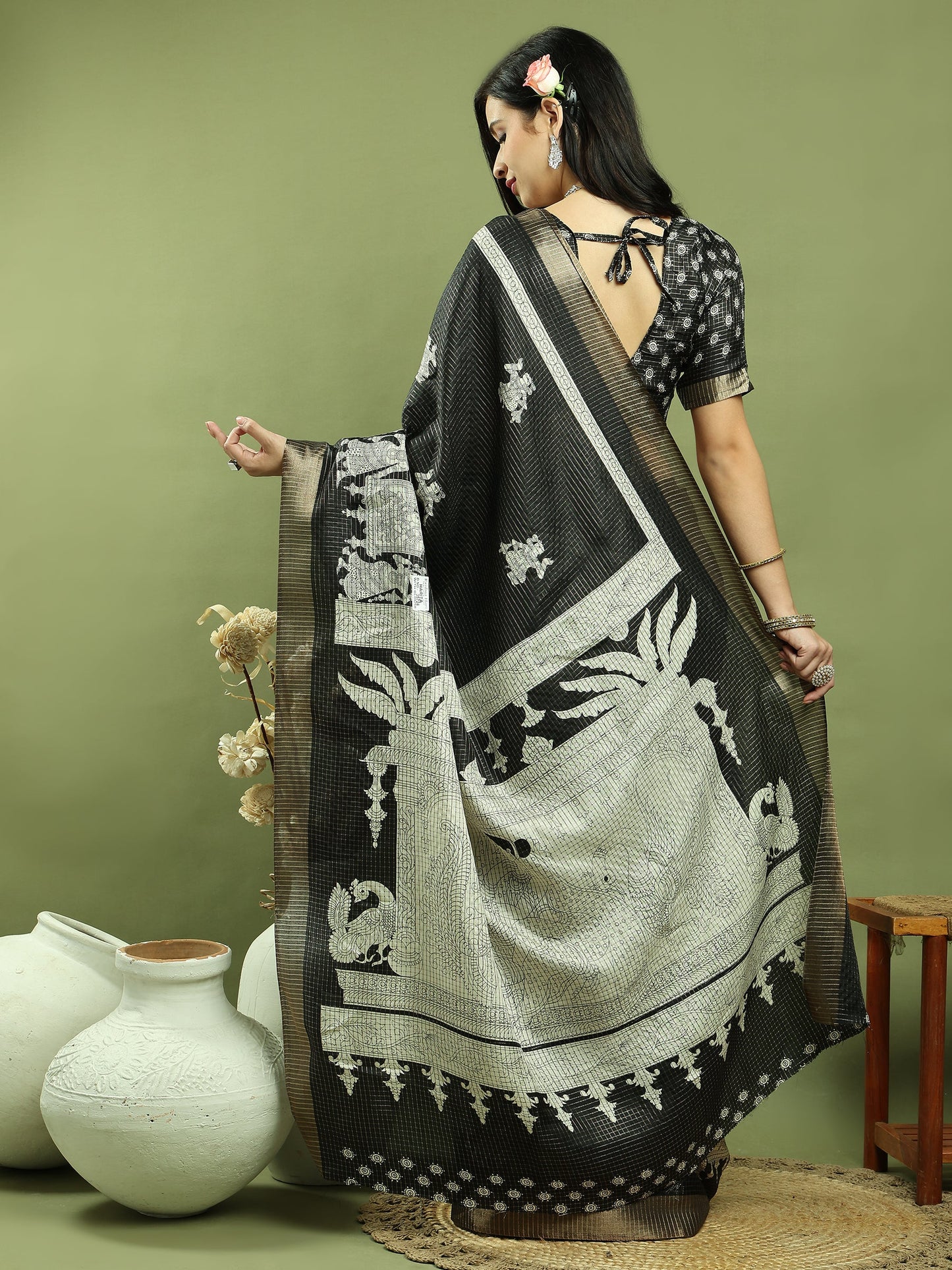 Jyoti Fashion Women's Black Silk Blend Print with Checks Jari Weaving Pattrn Saree with Blouse | Swadesiicart