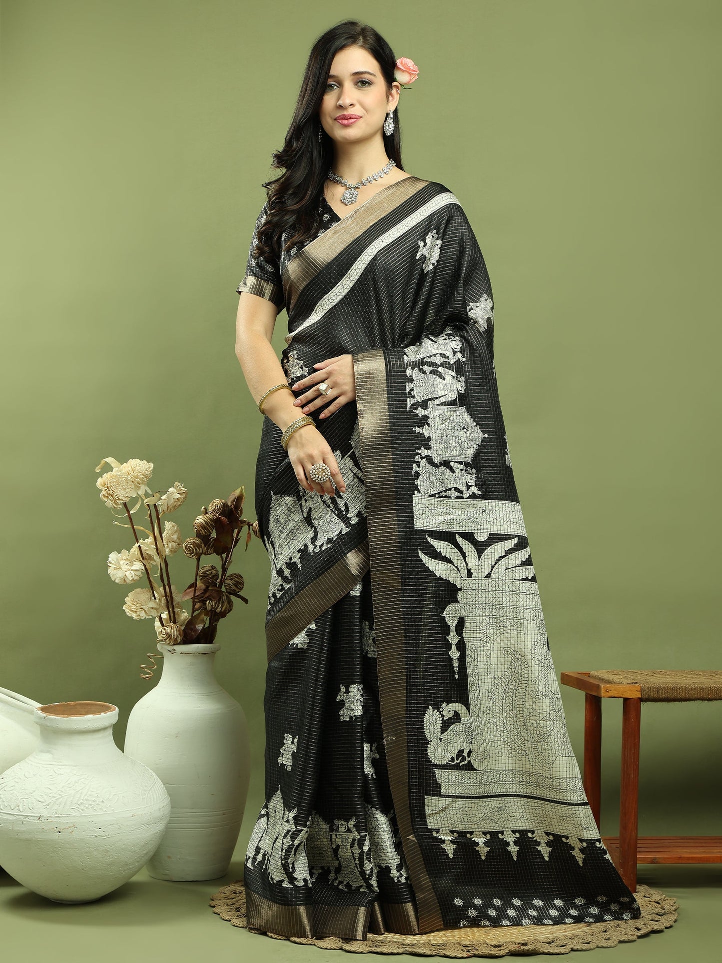 Jyoti Fashion Women's Black Silk Blend Print with Checks Jari Weaving Pattrn Saree with Blouse | Swadesiicart