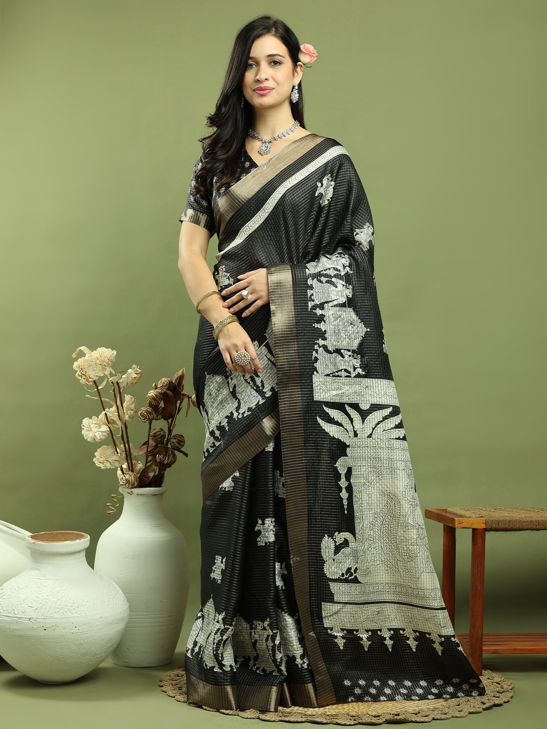 Jyoti Fashion Women's Black Silk Blend Print with Checks Jari Weaving Pattrn Saree with Blouse | Swadesiicart