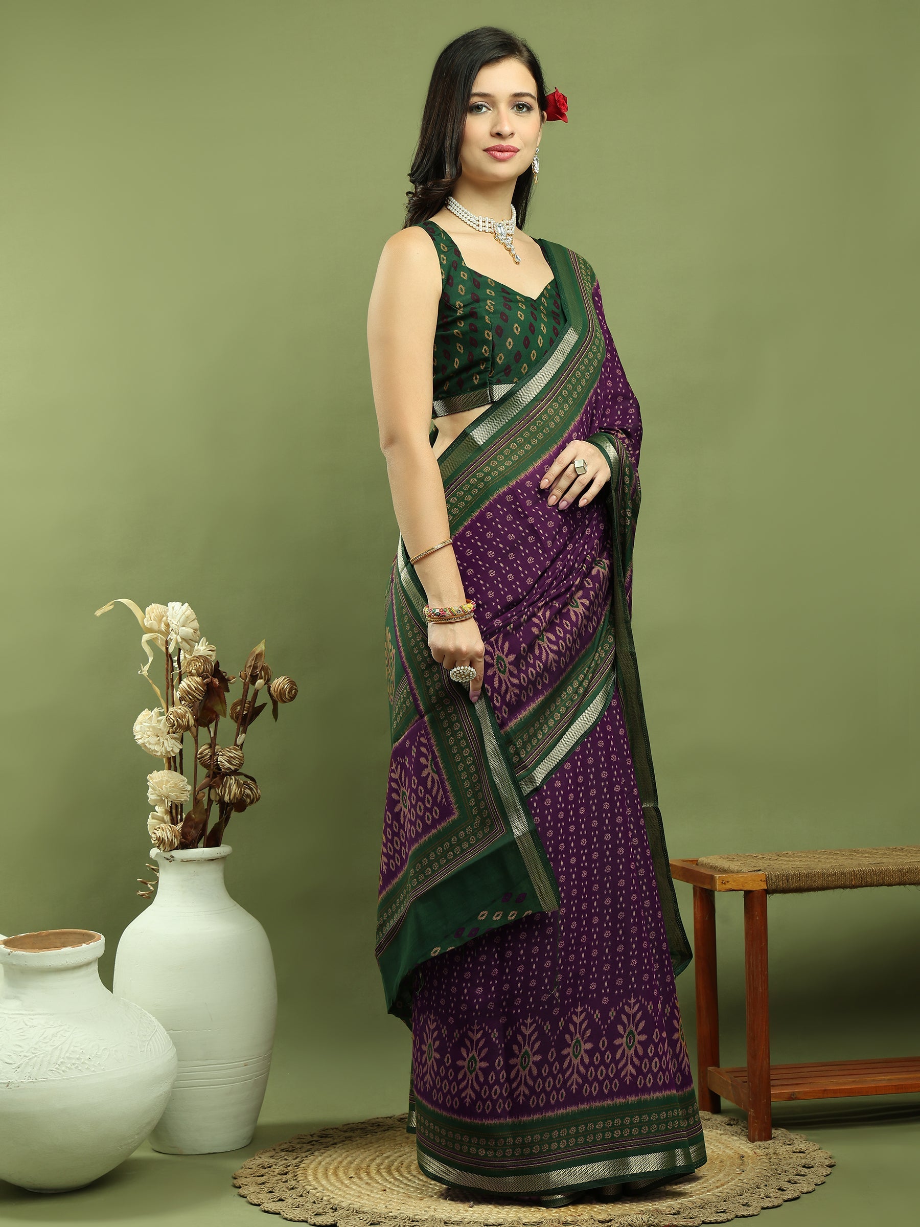 Jyoti Fashion Women's Purple Silk Blend Ikat Floral Print with Jari Border Saree with Blouse | Swadesiicart