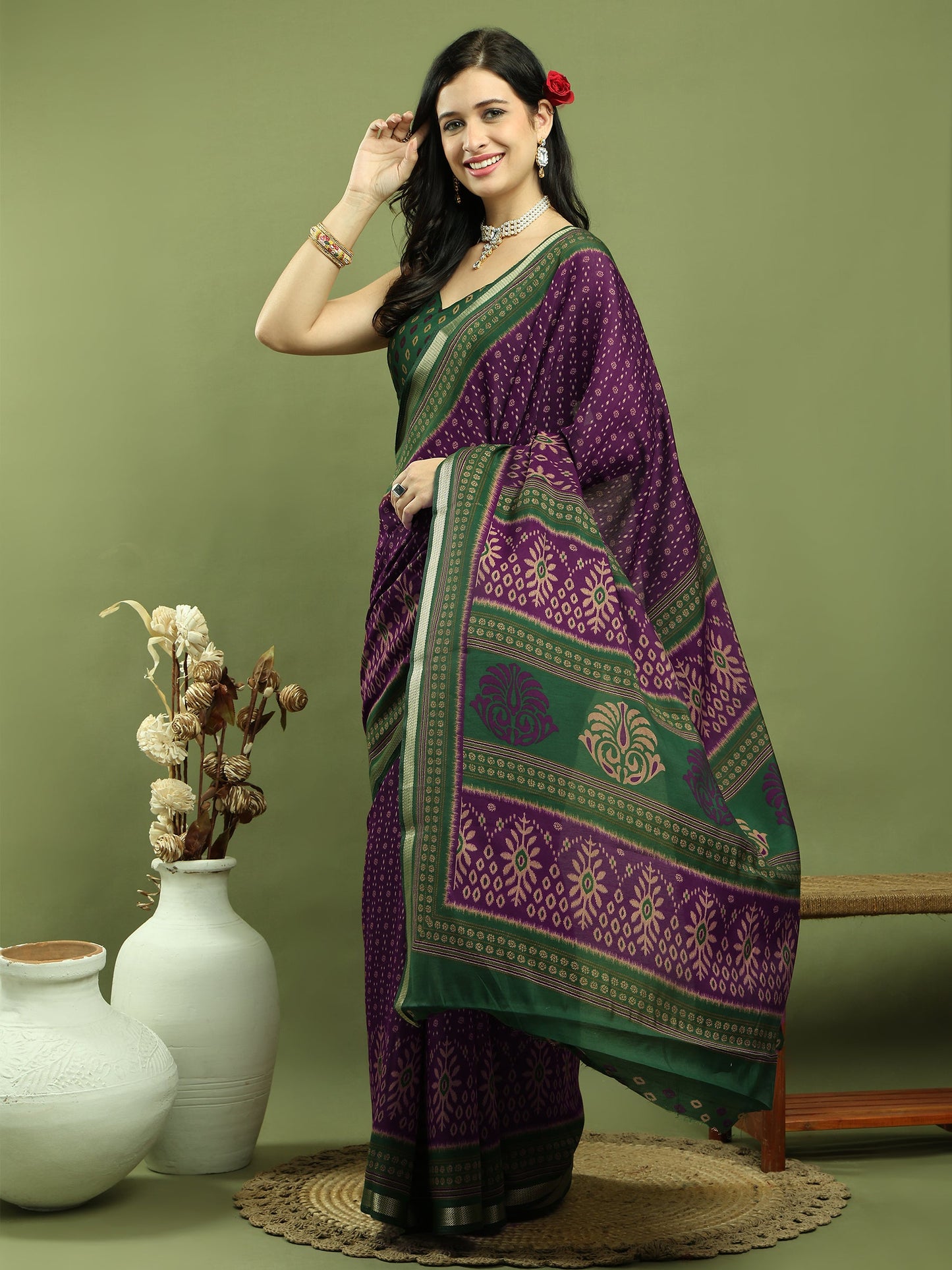 Jyoti Fashion Women's Purple Silk Blend Ikat Floral Print with Jari Border Saree with Blouse | Swadesiicart