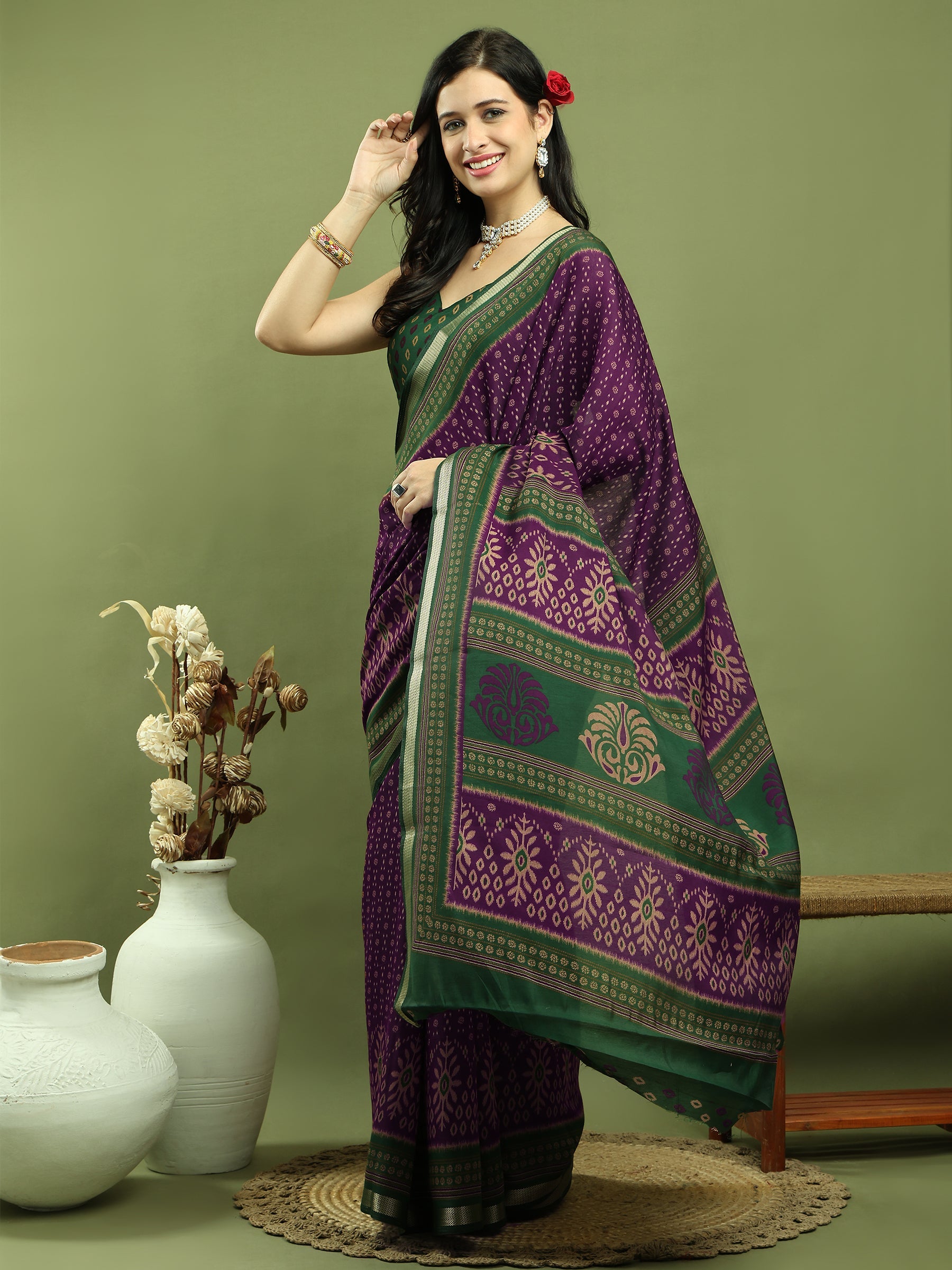 Jyoti Fashion Women's Purple Silk Blend Ikat Floral Print with Jari Border Saree with Blouse | Swadesiicart