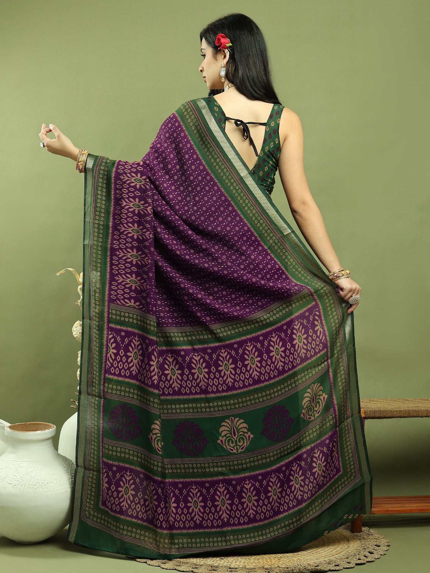 Jyoti Fashion Women's Purple Silk Blend Ikat Floral Print with Jari Border Saree with Blouse | Swadesiicart