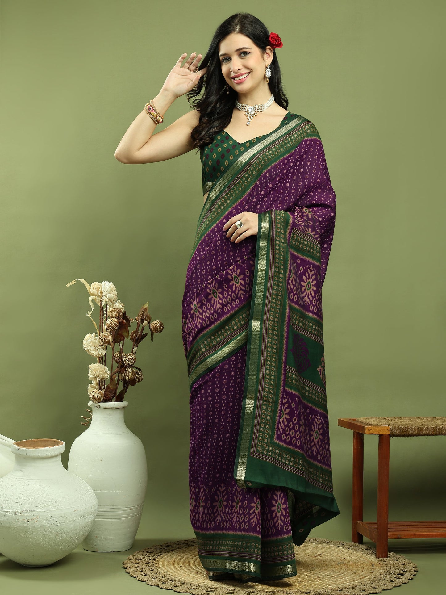 Jyoti Fashion Women's Purple Silk Blend Ikat Floral Print with Jari Border Saree with Blouse | Swadesiicart