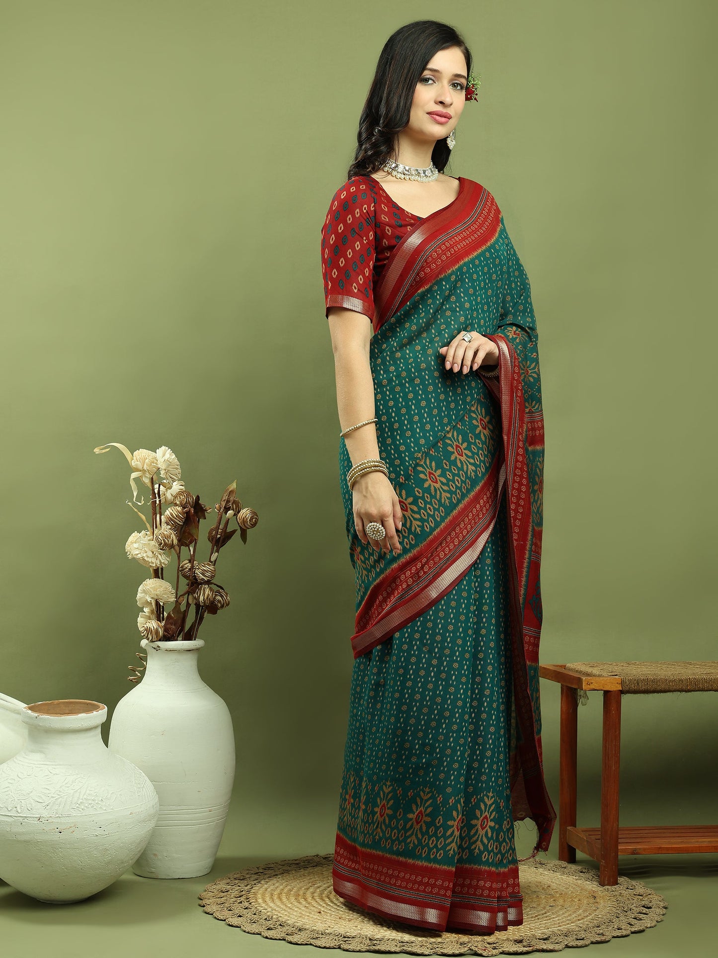 Jyoti Fashion Women's Teal Silk Blend Ikat Floral Print with Jari Border Saree with Blouse | Swadesiicart