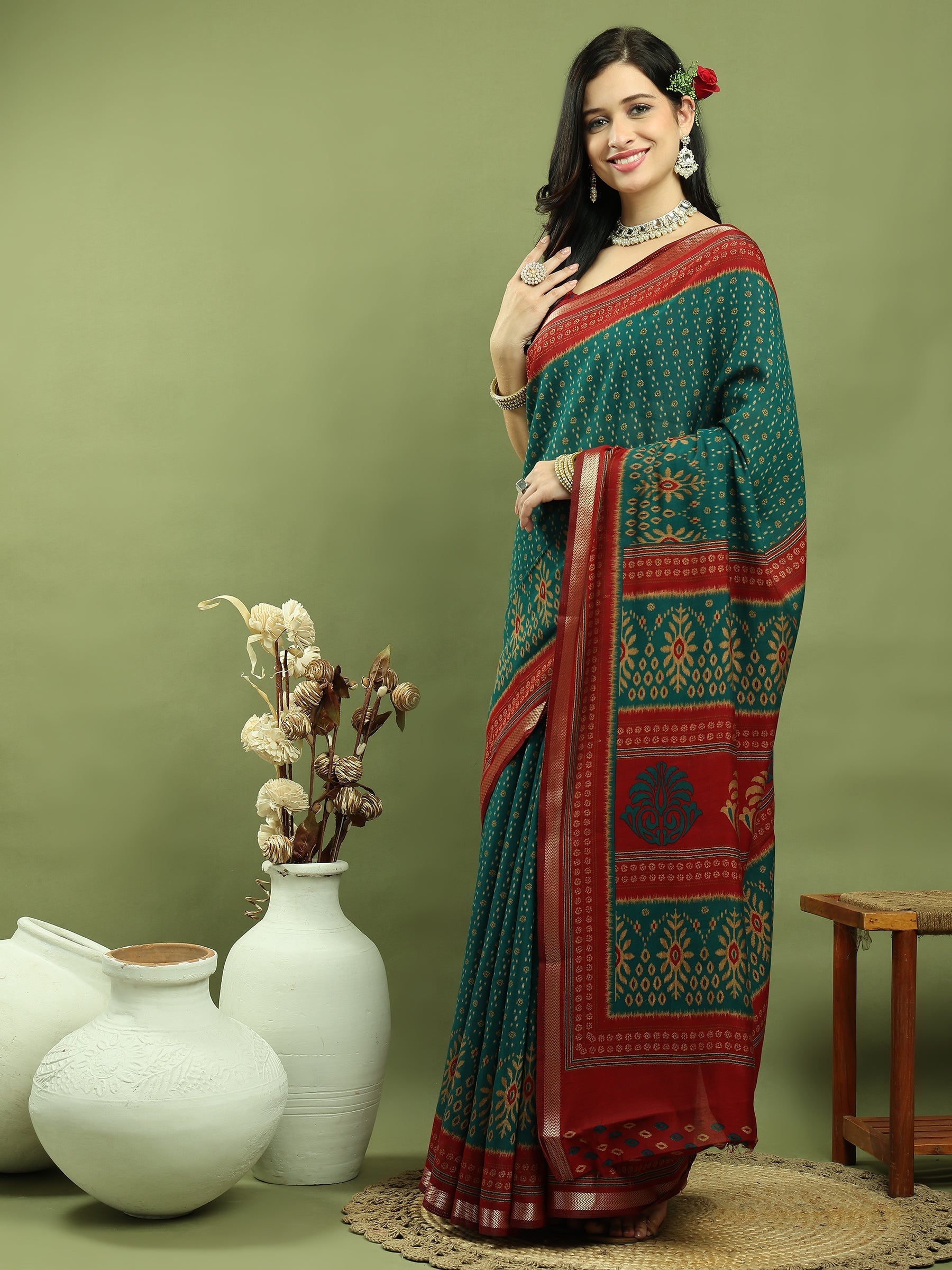 Jyoti Fashion Women's Teal Silk Blend Ikat Floral Print with Jari Border Saree with Blouse | Swadesiicart