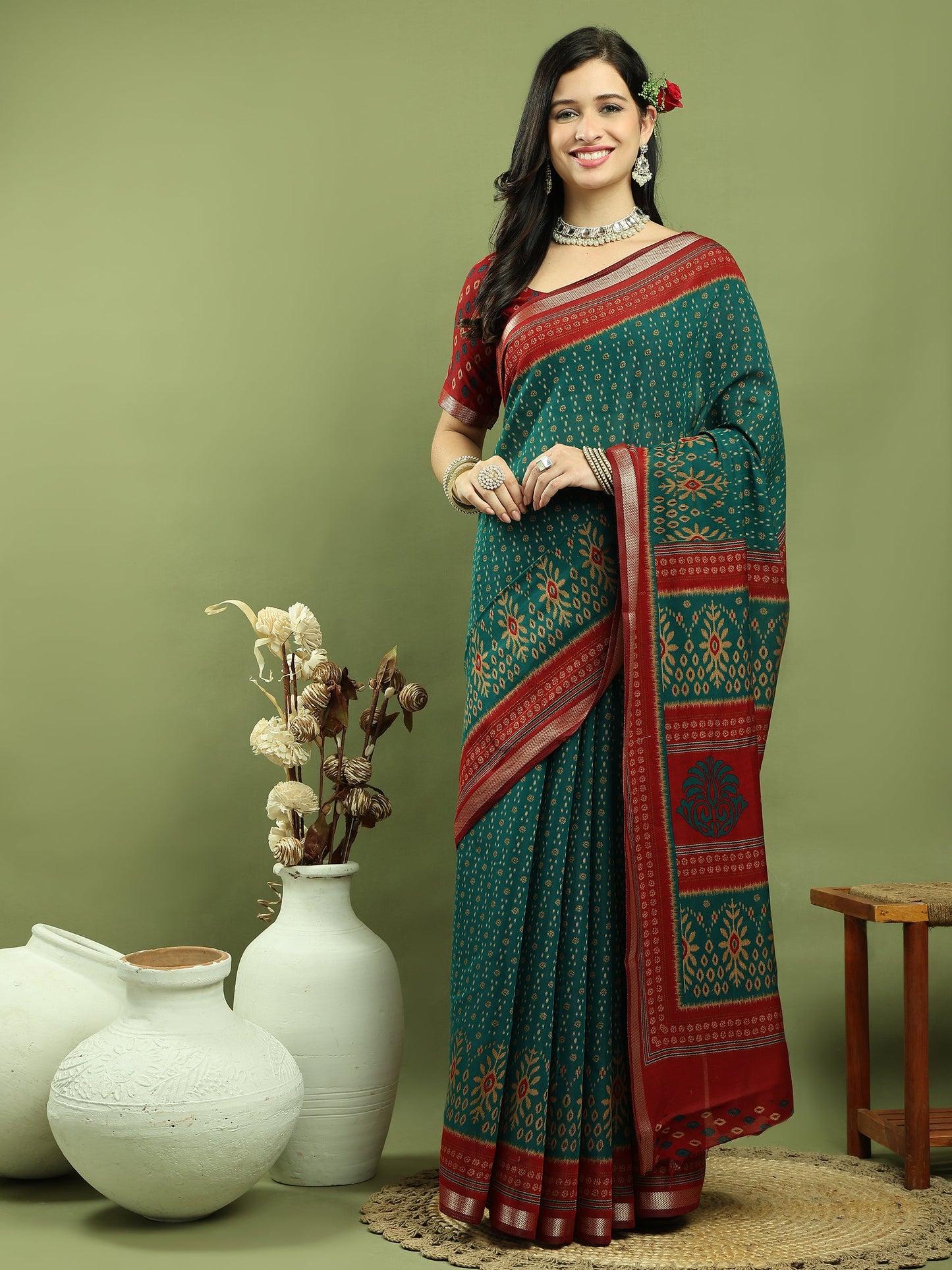 Jyoti Fashion Women's Teal Silk Blend Ikat Floral Print with Jari Border Saree with Blouse | Swadesiicart