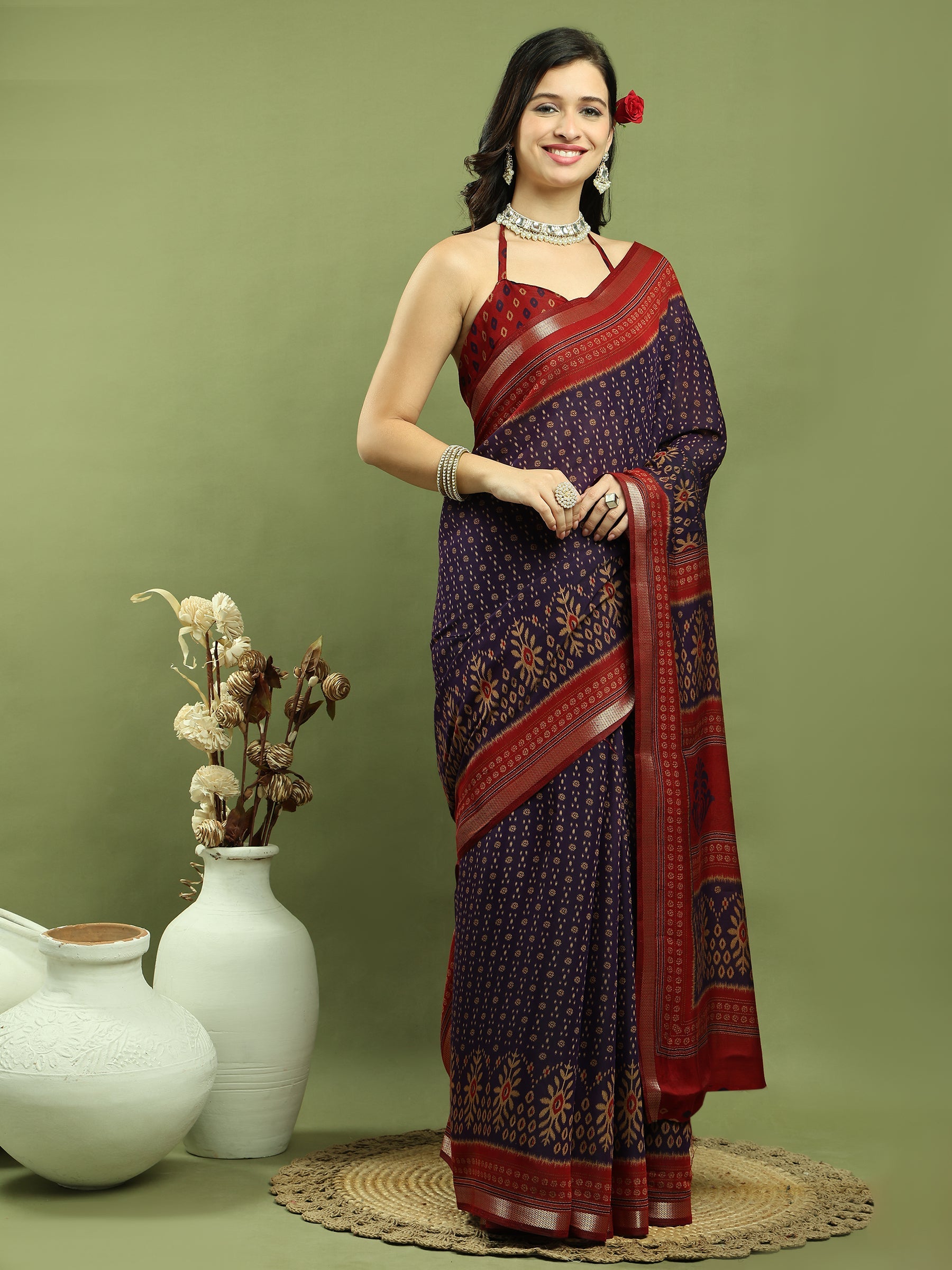 Jyoti Fashion Women's Violet Silk Blend Ikat Floral Print with Jari Border Saree with Blouse | Swadesiicart