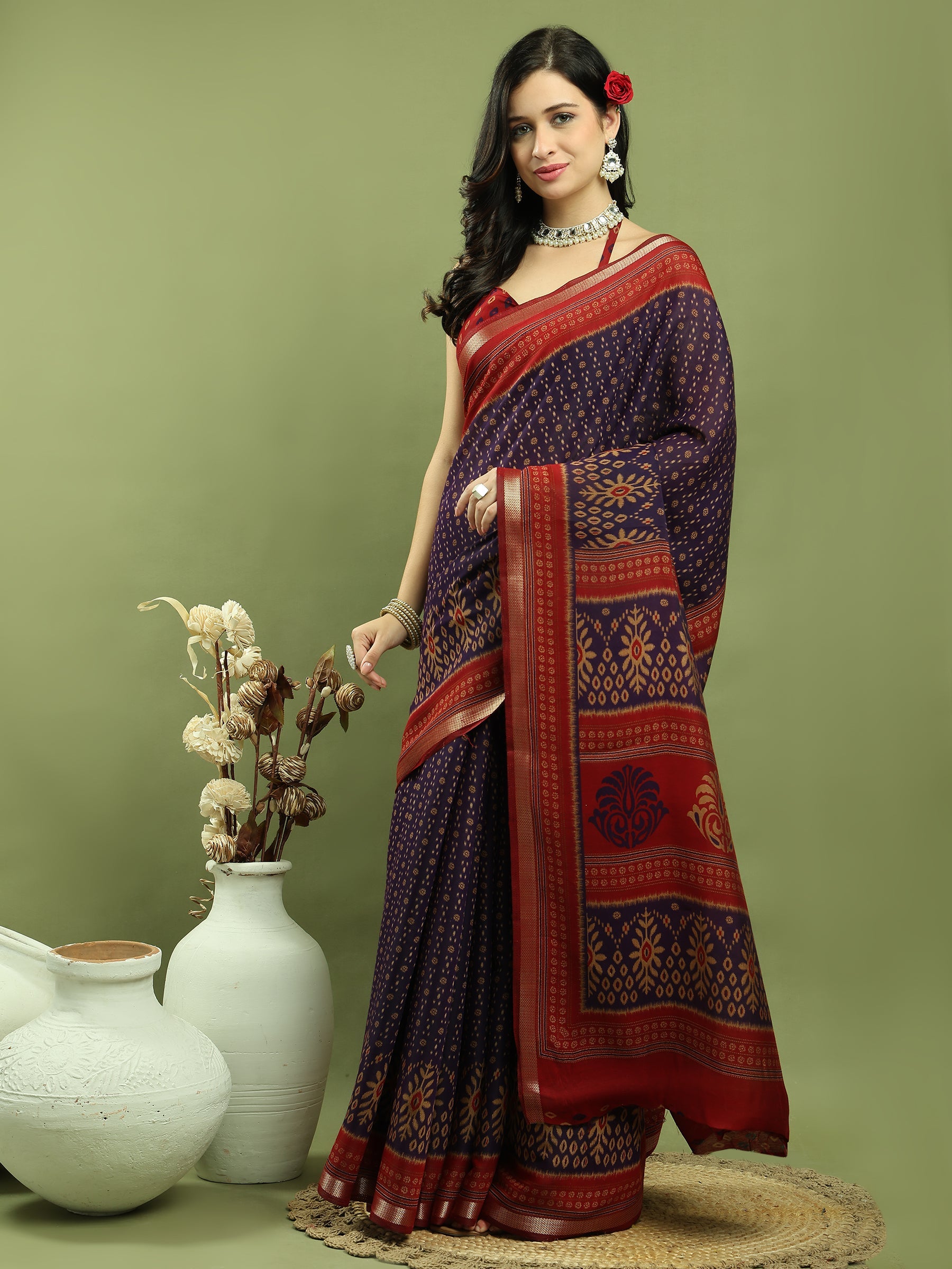 Jyoti Fashion Women's Violet Silk Blend Ikat Floral Print with Jari Border Saree with Blouse | Swadesiicart