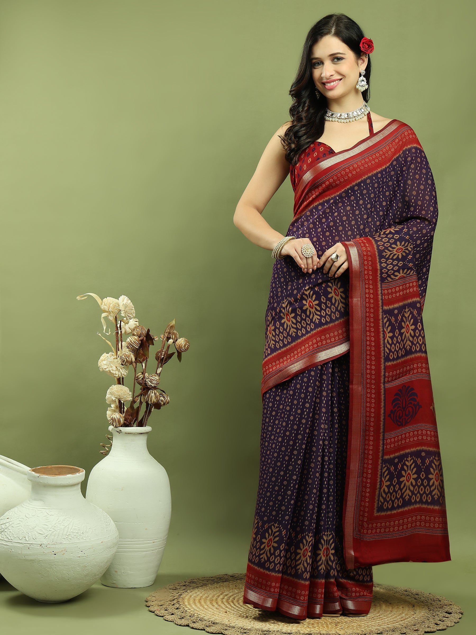 Jyoti Fashion Women's Violet Silk Blend Ikat Floral Print with Jari Border Saree with Blouse | Swadesiicart