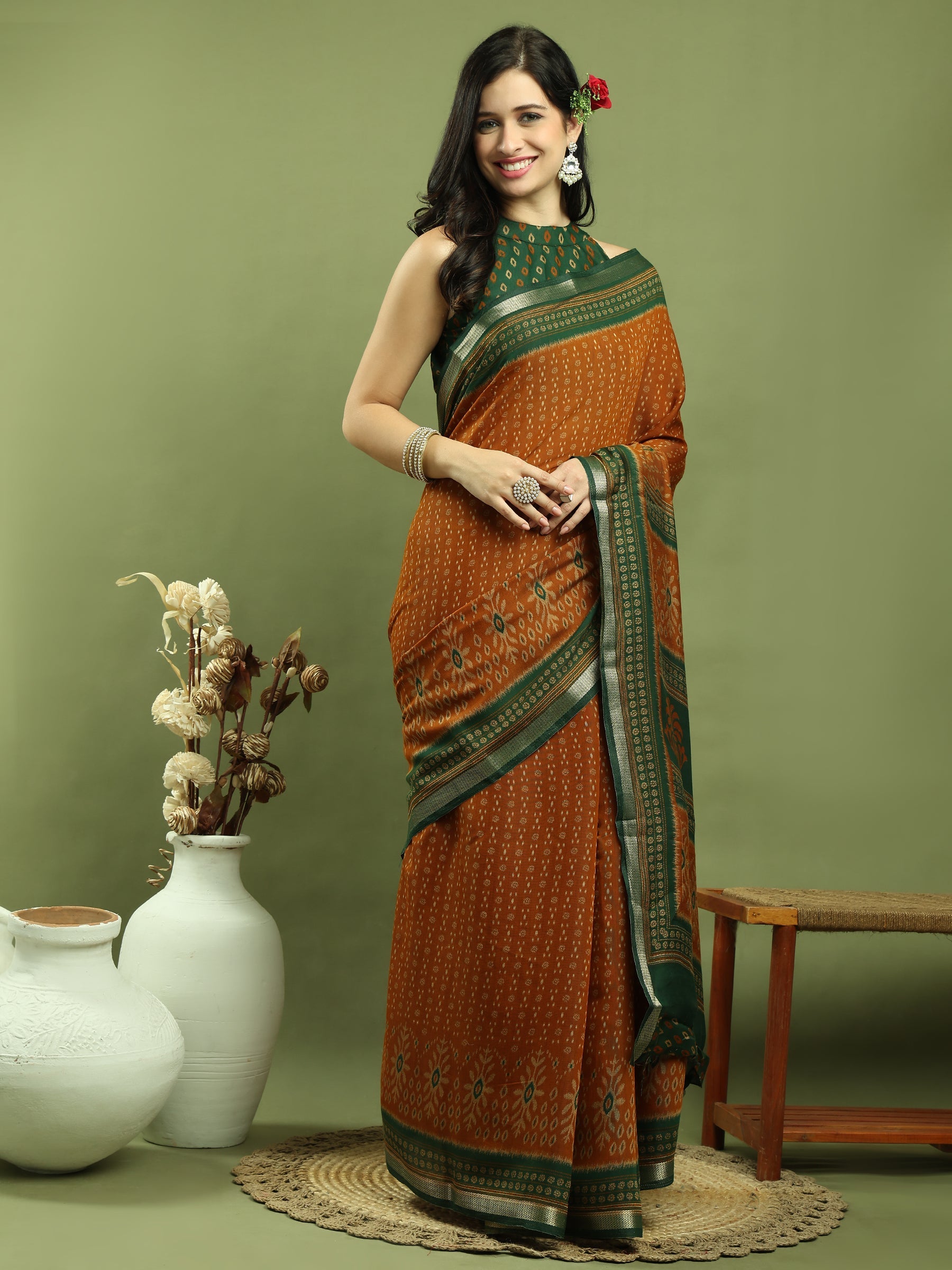 Jyoti Fashion Women's Mustard Silk Blend Ikat Floral Print with Jari Border Saree with Blouse | Swadesiicart