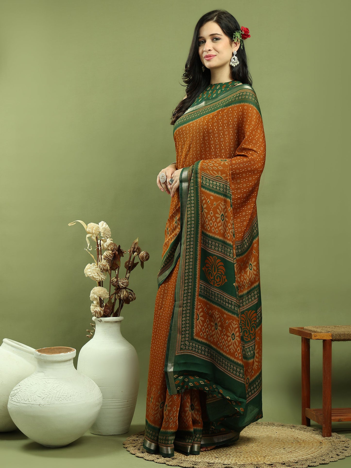 Jyoti Fashion Women's Mustard Silk Blend Ikat Floral Print with Jari Border Saree with Blouse | Swadesiicart