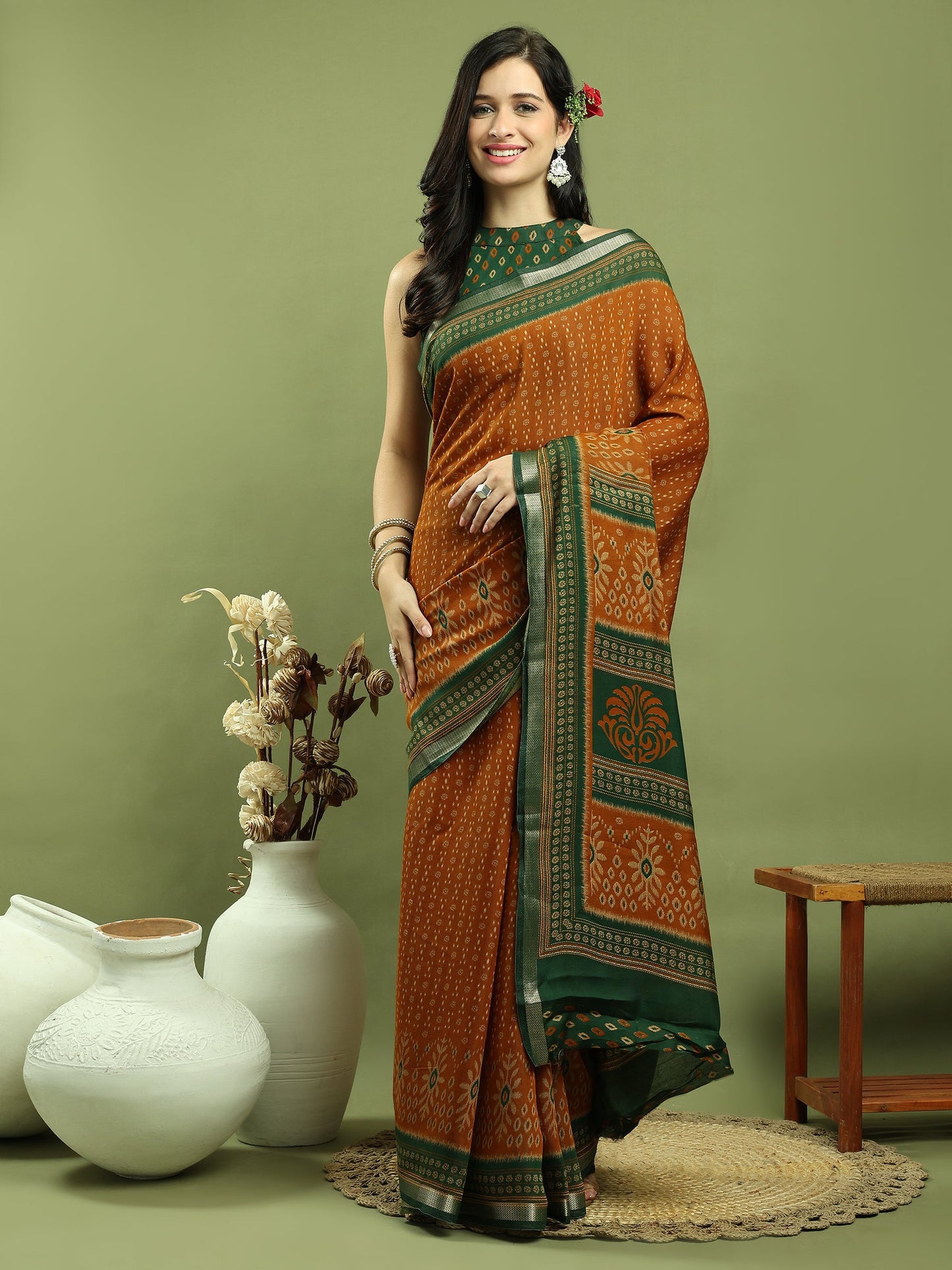 Jyoti Fashion Women's Mustard Silk Blend Ikat Floral Print with Jari Border Saree with Blouse | Swadesiicart