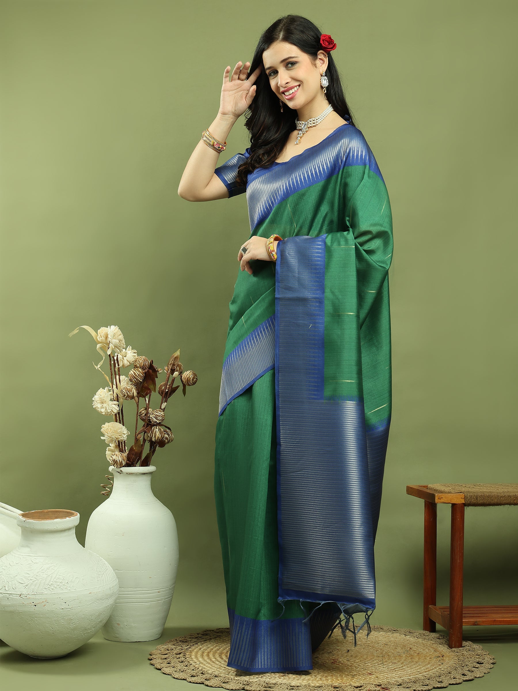 Jyoti Fashion Women's Green Silk Blend Ikat Jari Weaving Pattern with Jari Border Saree with Blouse | Swadesiicart