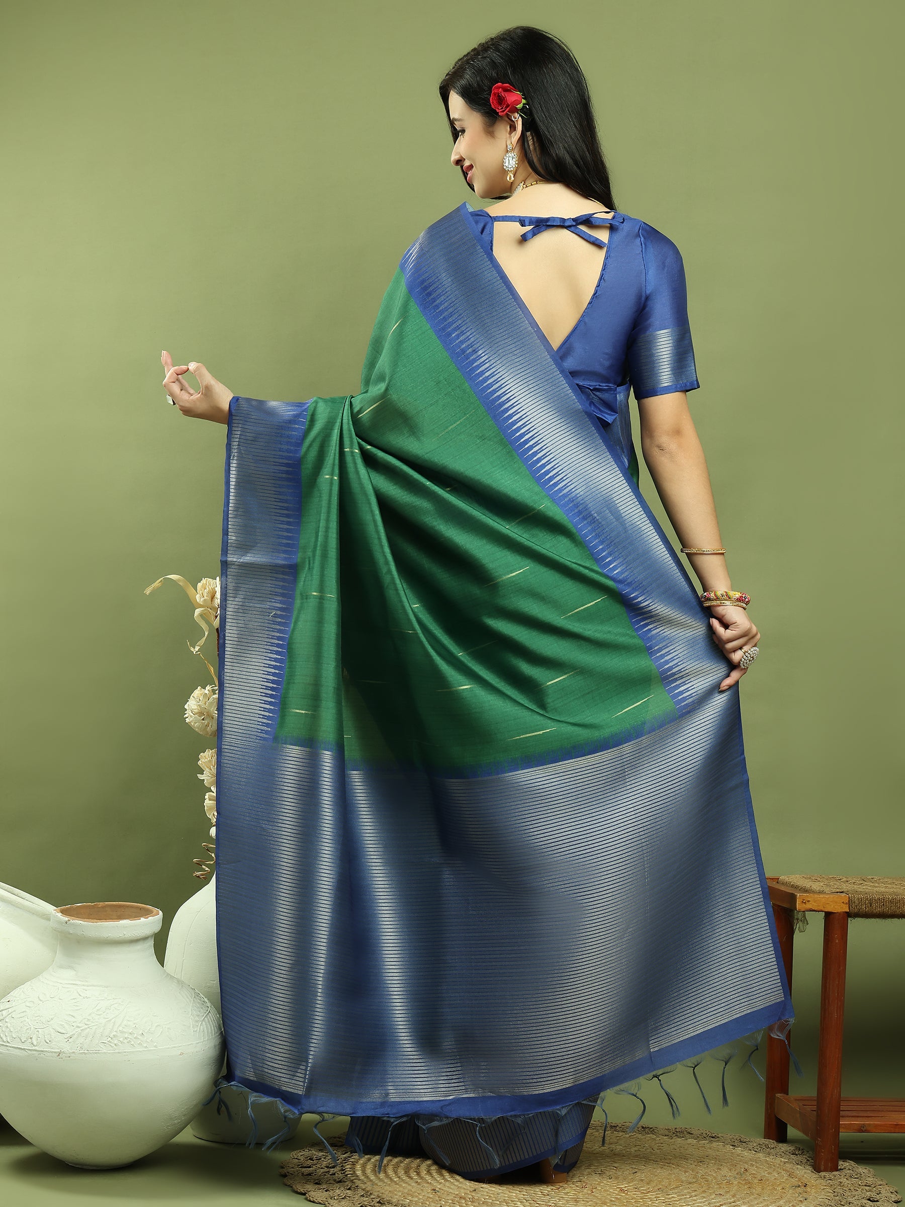 Jyoti Fashion Women's Green Silk Blend Ikat Jari Weaving Pattern with Jari Border Saree with Blouse | Swadesiicart