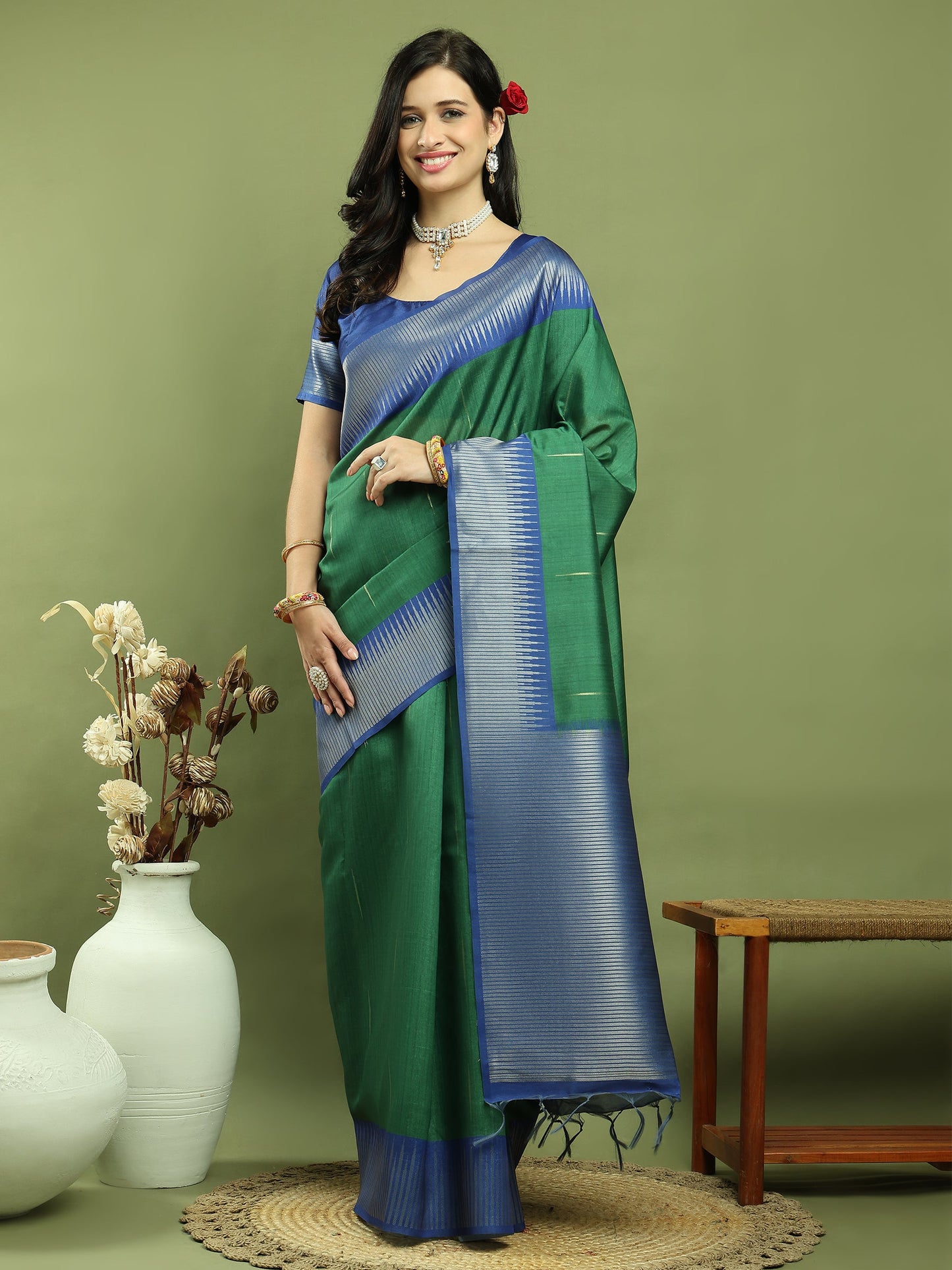 Jyoti Fashion Women's Green Silk Blend Ikat Jari Weaving Pattern with Jari Border Saree with Blouse | Swadesiicart