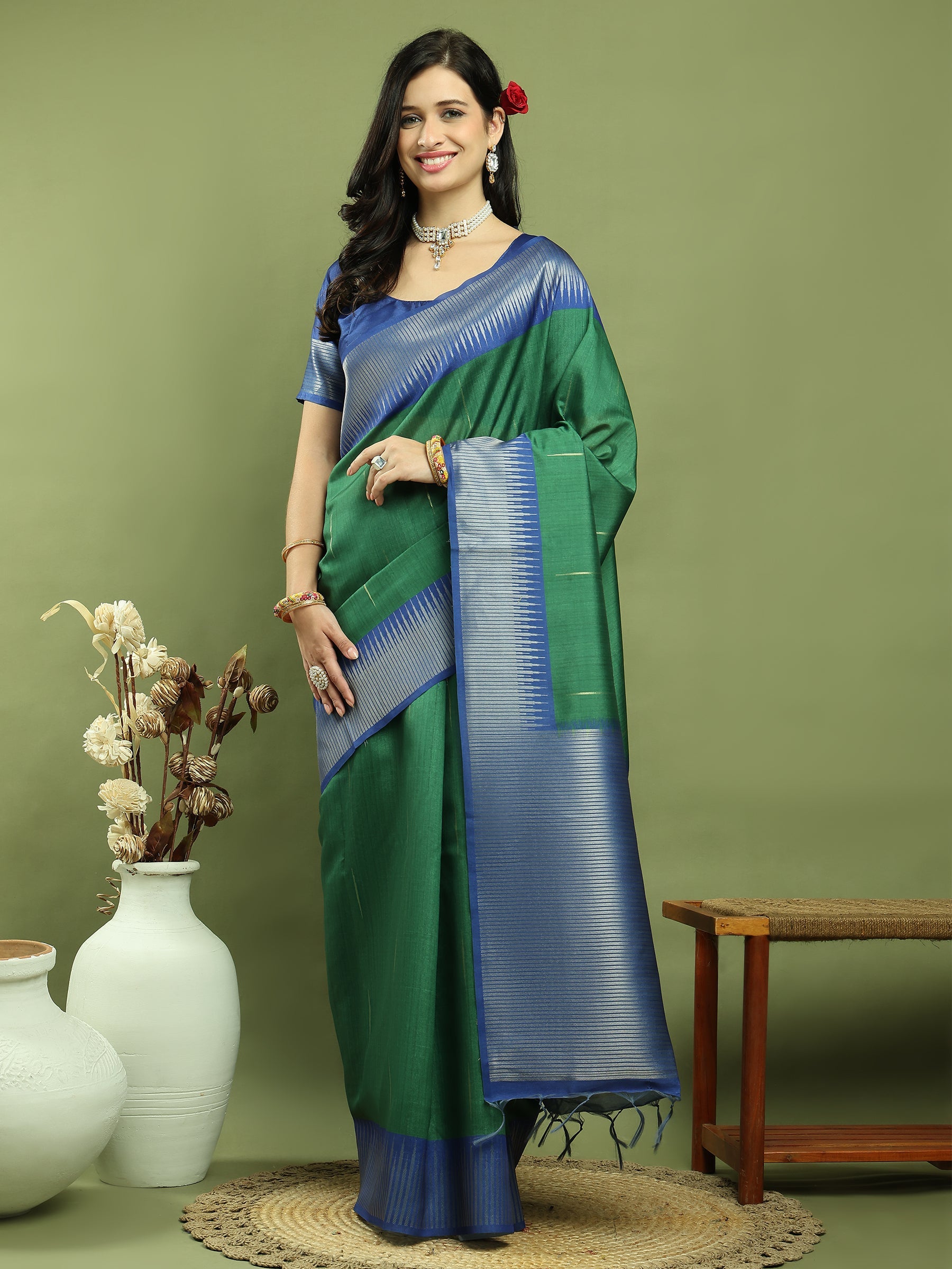 Jyoti Fashion Women's Green Silk Blend Ikat Jari Weaving Pattern with Jari Border Saree with Blouse | Swadesiicart