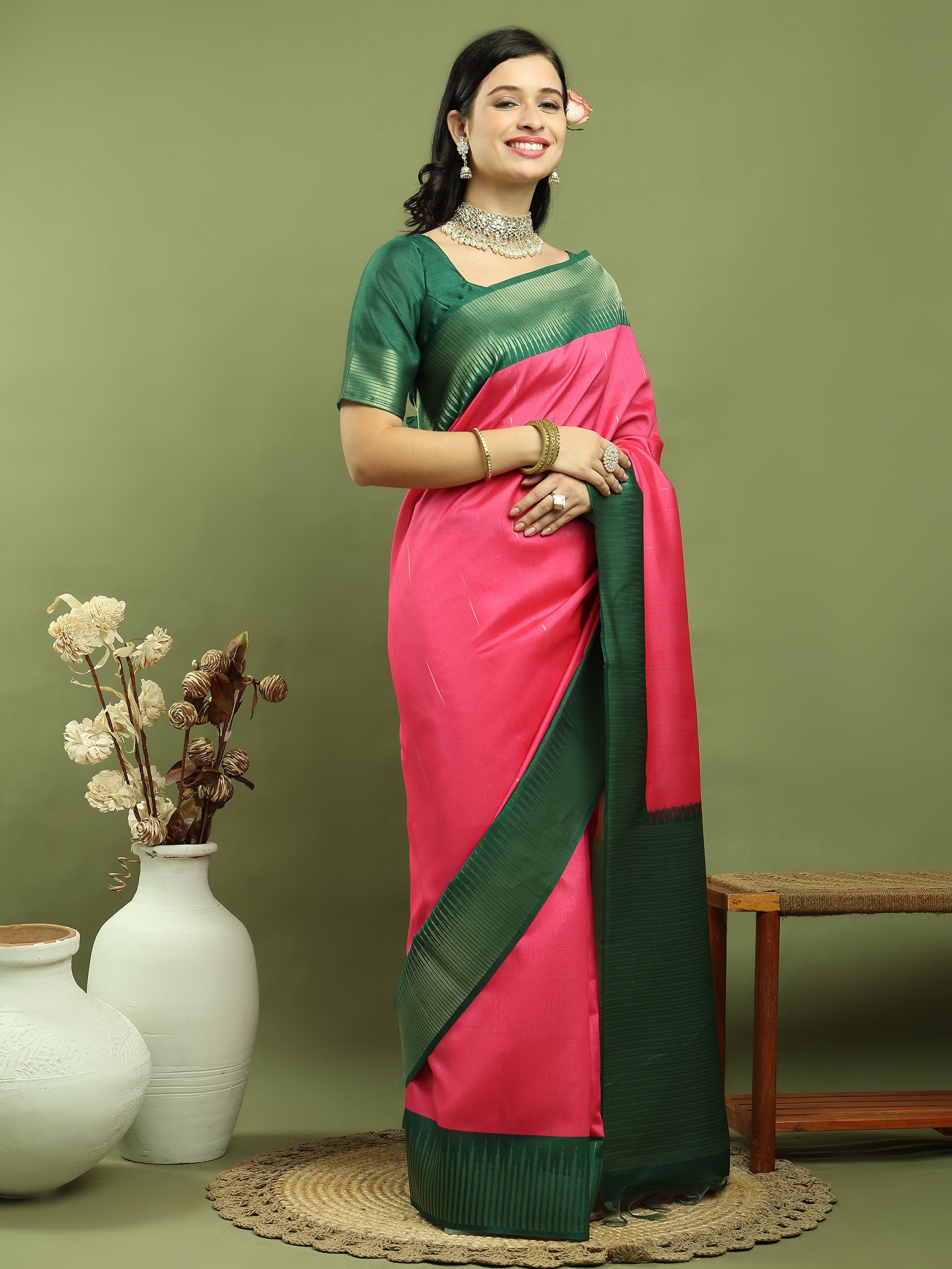 Jyoti Fashion Women's Pink Silk Blend Ikat Jari Weaving Pattern with Jari Border Saree with Blouse | Swadesiicart