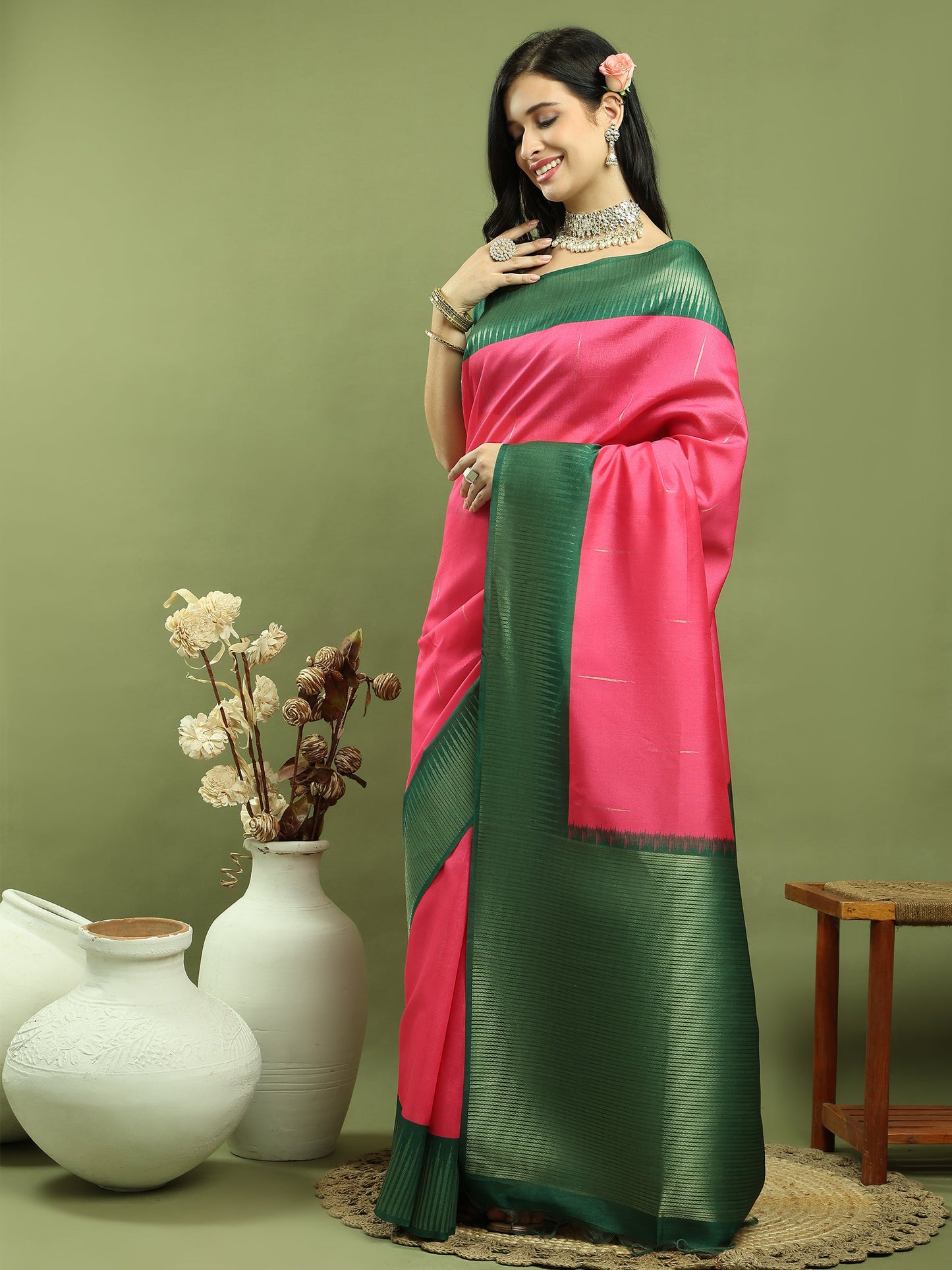 Jyoti Fashion Women's Pink Silk Blend Ikat Jari Weaving Pattern with Jari Border Saree with Blouse | Swadesiicart