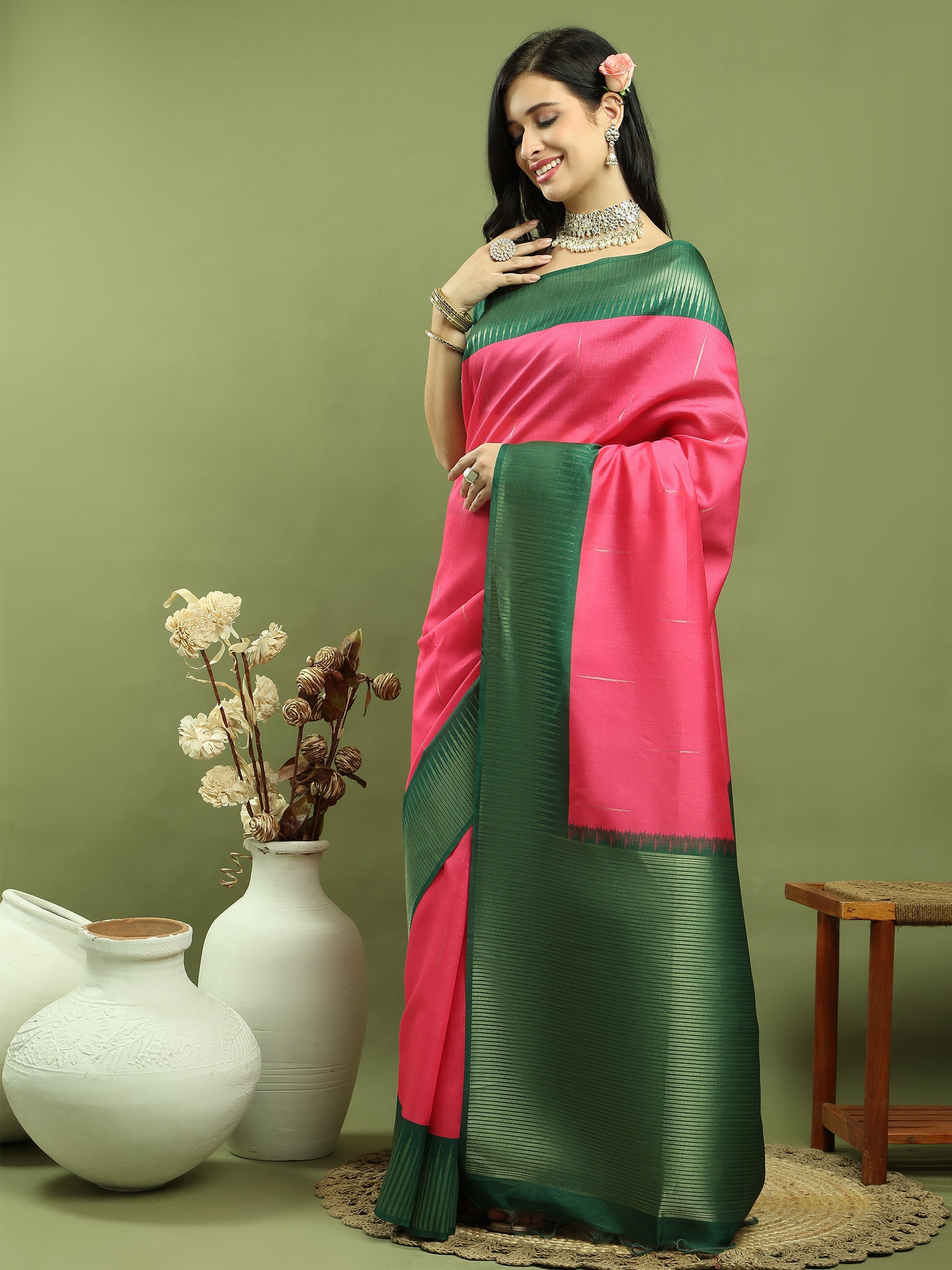 Jyoti Fashion Women's Pink Silk Blend Ikat Jari Weaving Pattern with Jari Border Saree with Blouse | Swadesiicart