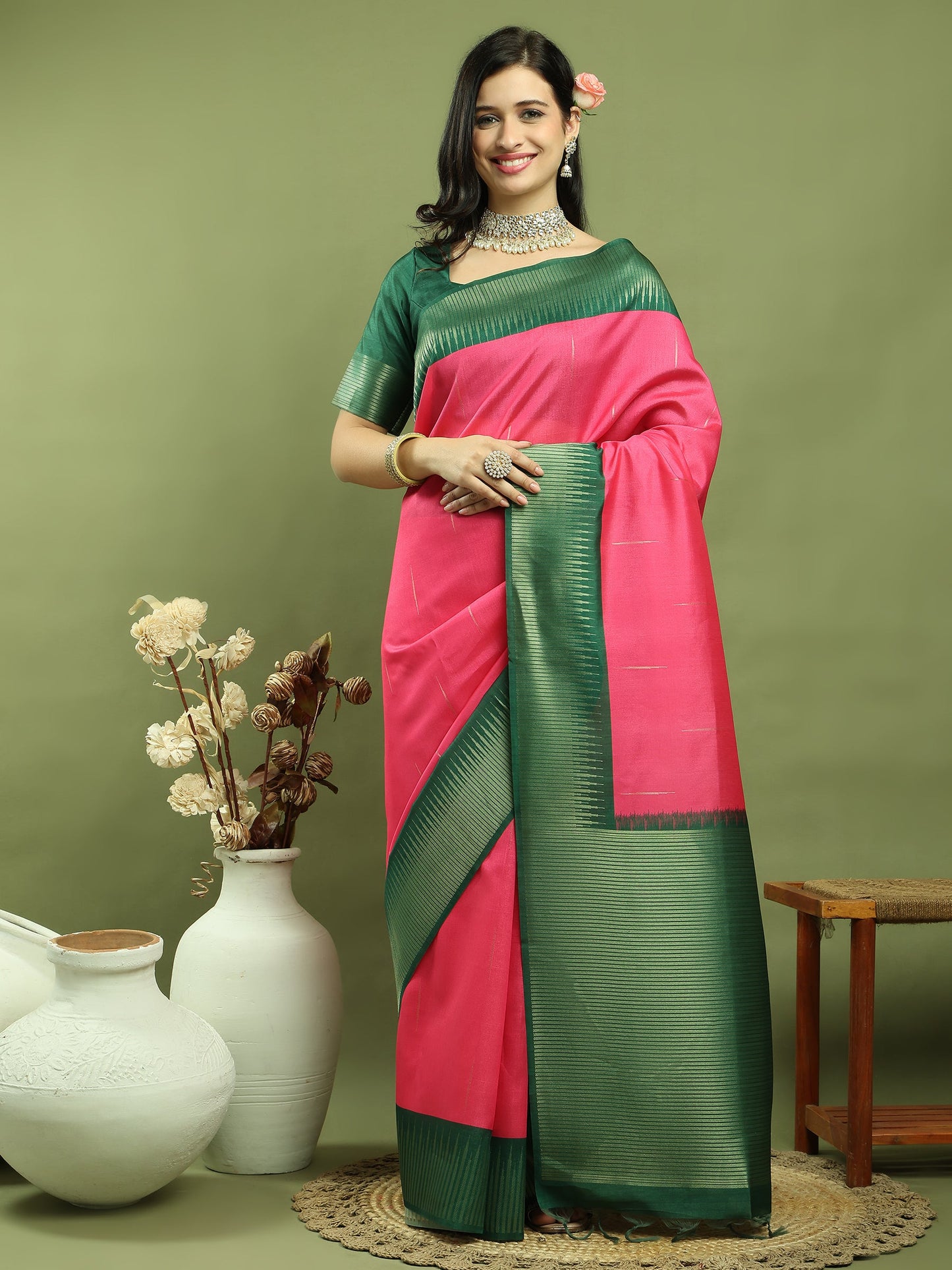 Jyoti Fashion Women's Pink Silk Blend Ikat Jari Weaving Pattern with Jari Border Saree with Blouse | Swadesiicart