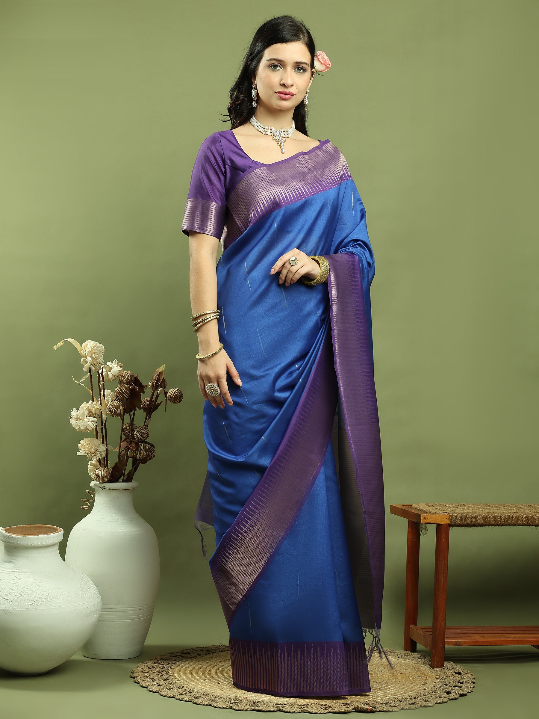 Jyoti Fashion Women's Blue Silk Blend Ikat Jari Weaving Pattern with Jari Border Saree with Blouse | Swadesiicart