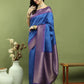 Jyoti Fashion Women's Blue Silk Blend Ikat Jari Weaving Pattern with Jari Border Saree with Blouse | Swadesiicart