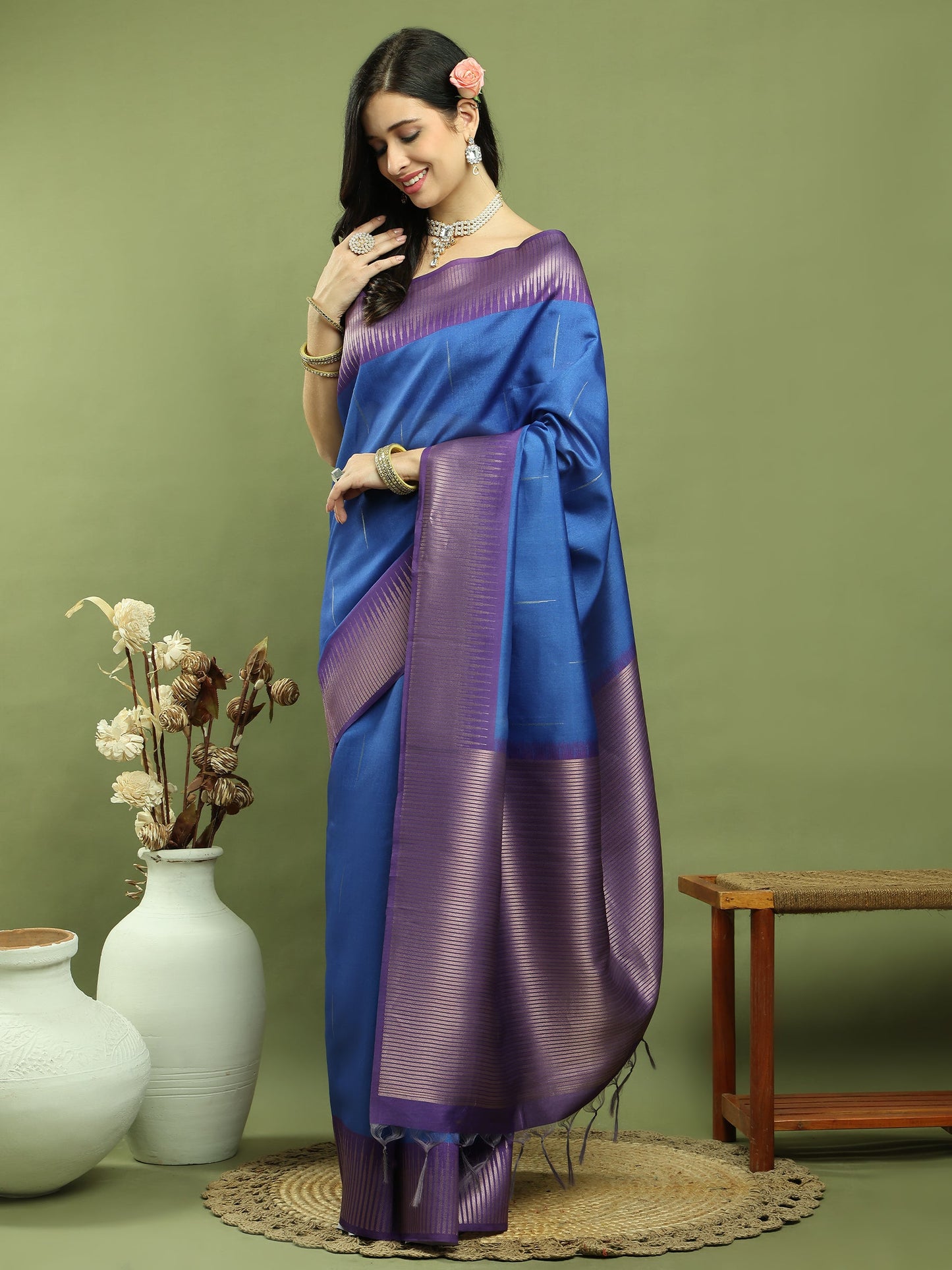 Jyoti Fashion Women's Blue Silk Blend Ikat Jari Weaving Pattern with Jari Border Saree with Blouse | Swadesiicart