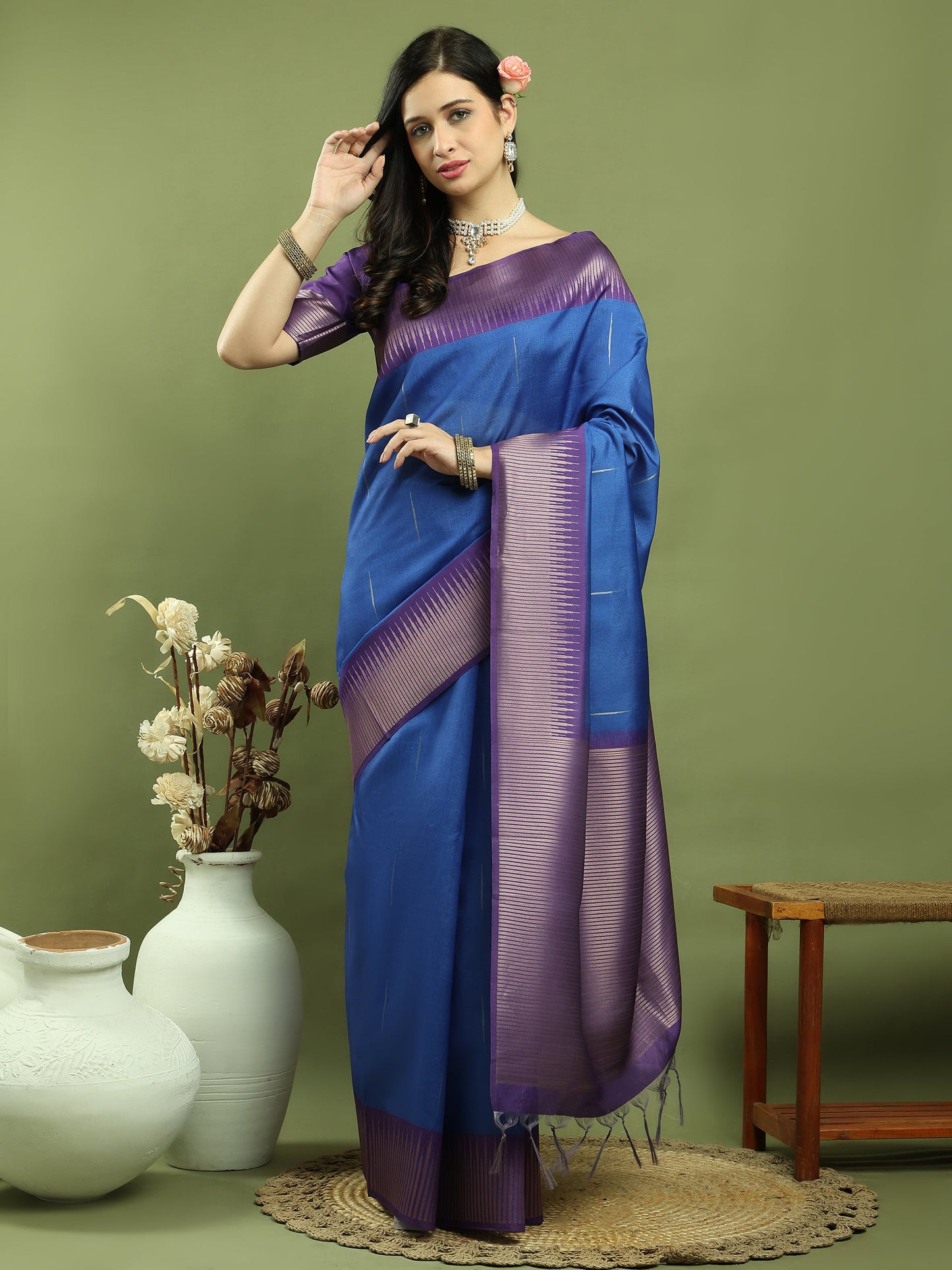 Jyoti Fashion Women's Blue Silk Blend Ikat Jari Weaving Pattern with Jari Border Saree with Blouse | Swadesiicart