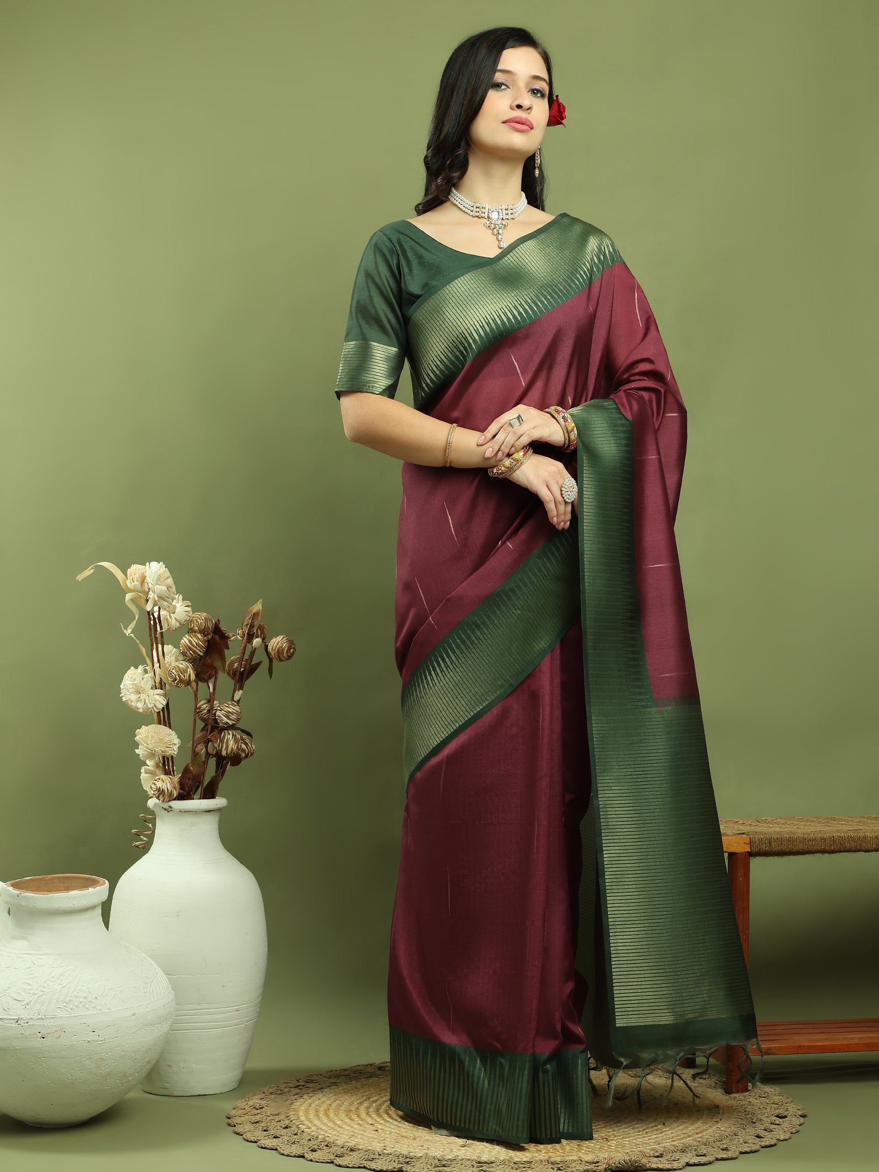 Jyoti Fashion Women's Burgundy Silk Blend Ikat Jari Weaving Pattern with Jari Border Saree with Blouse | Swadesiicart