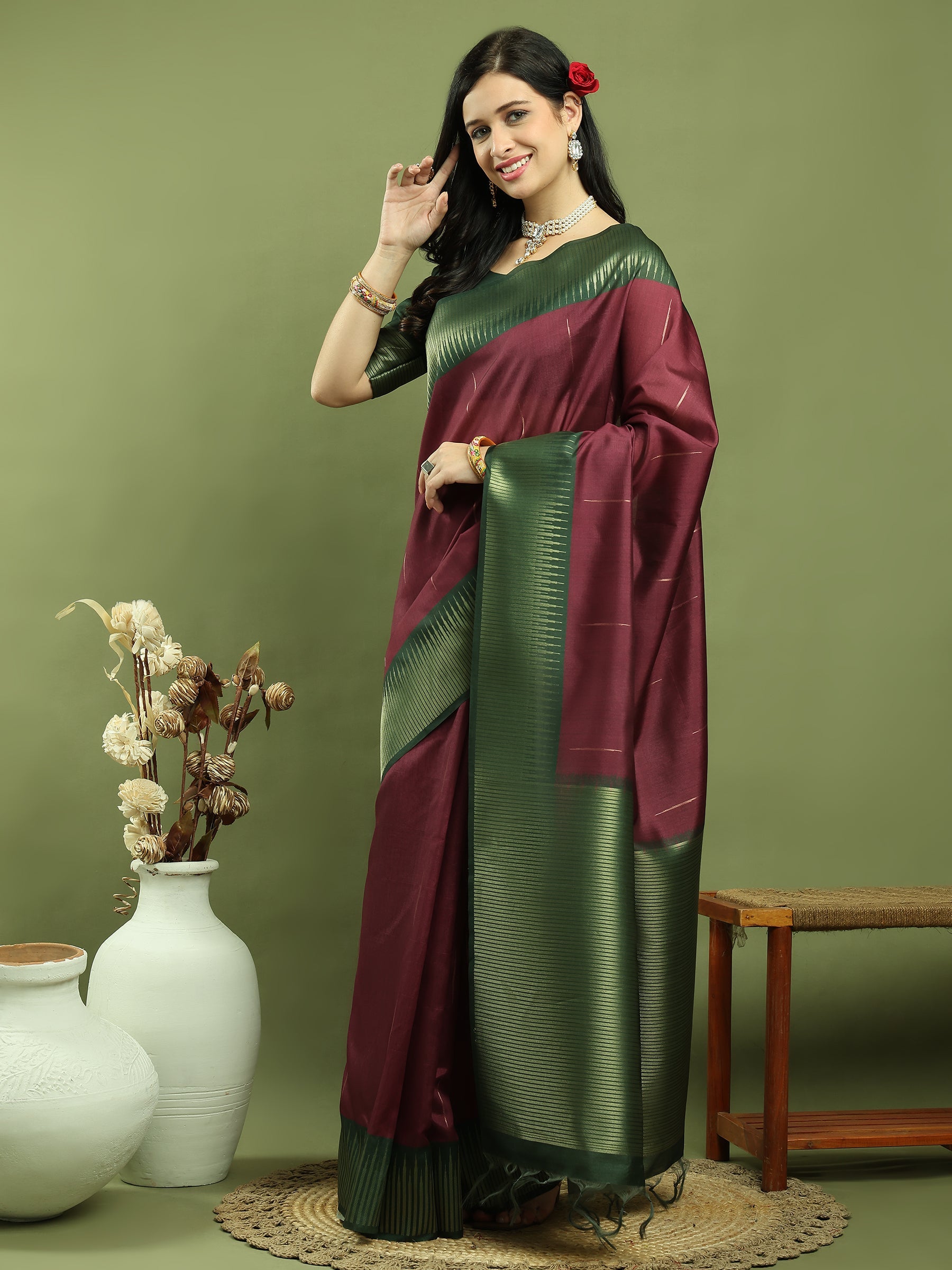 Jyoti Fashion Women's Burgundy Silk Blend Ikat Jari Weaving Pattern with Jari Border Saree with Blouse | Swadesiicart