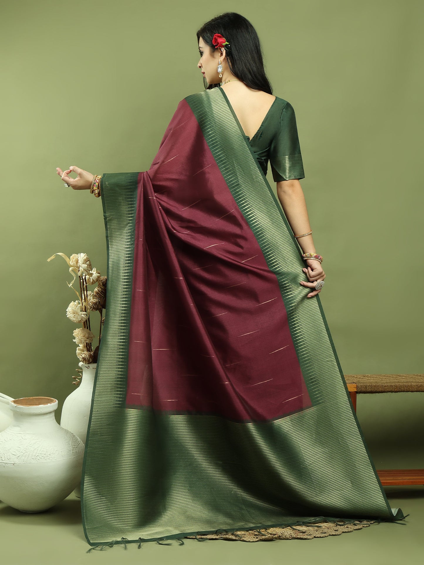 Jyoti Fashion Women's Burgundy Silk Blend Ikat Jari Weaving Pattern with Jari Border Saree with Blouse | Swadesiicart