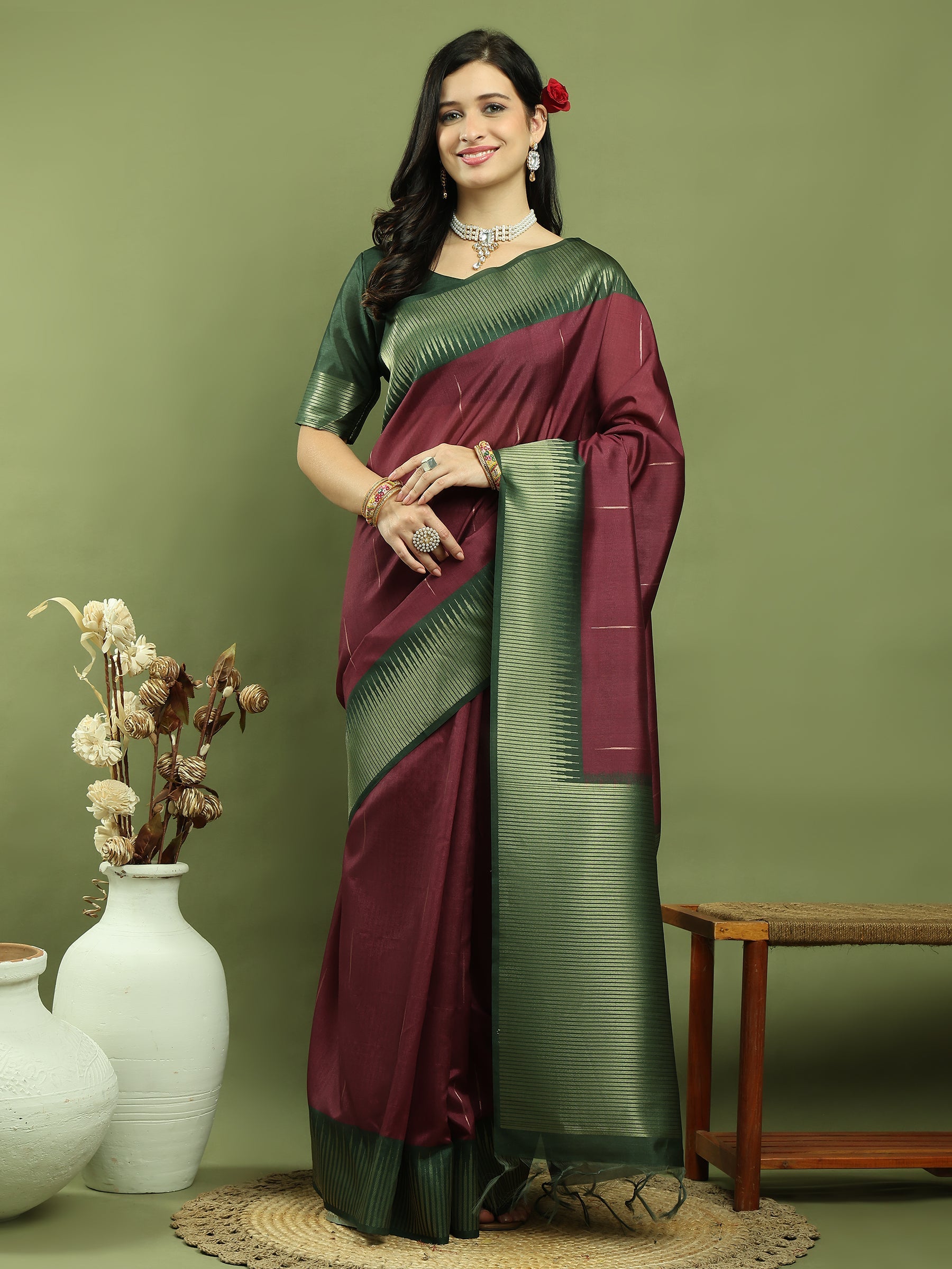 Jyoti Fashion Women's Burgundy Silk Blend Ikat Jari Weaving Pattern with Jari Border Saree with Blouse | Swadesiicart