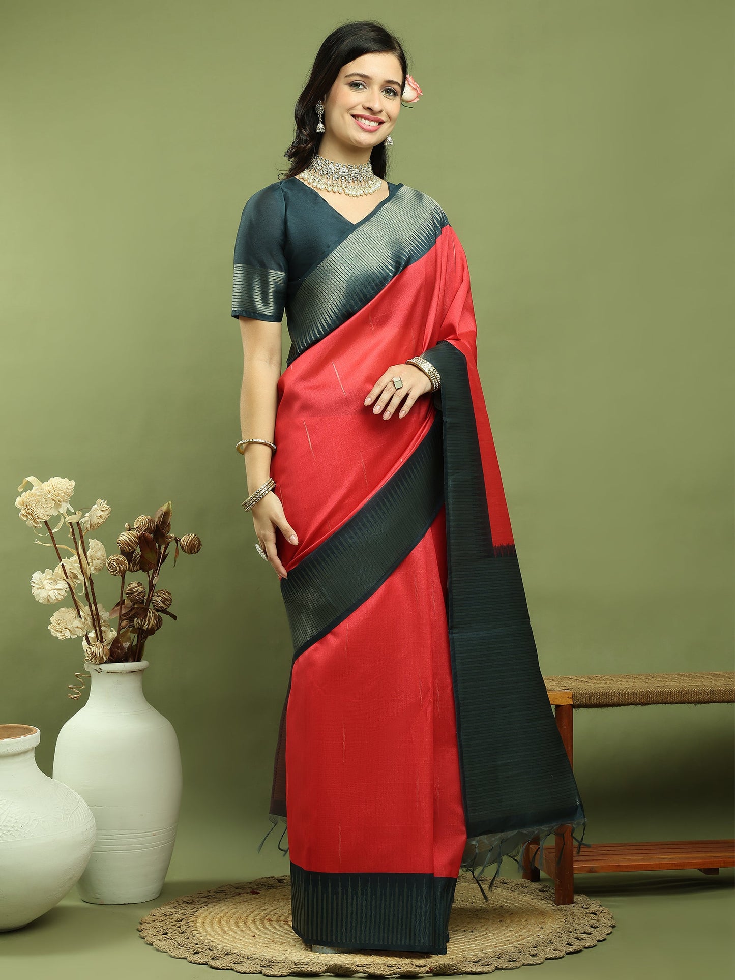 Jyoti Fashion Women's Red Silk Blend Ikat Jari Weaving Pattern with Jari Border Saree with Blouse | Swadesiicart