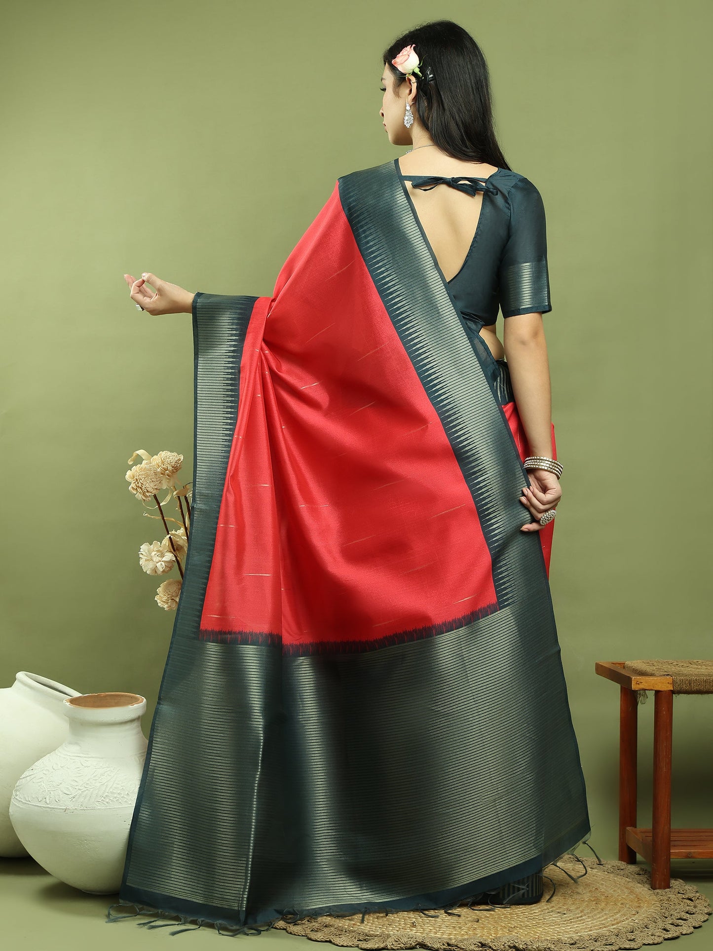 Jyoti Fashion Women's Red Silk Blend Ikat Jari Weaving Pattern with Jari Border Saree with Blouse | Swadesiicart