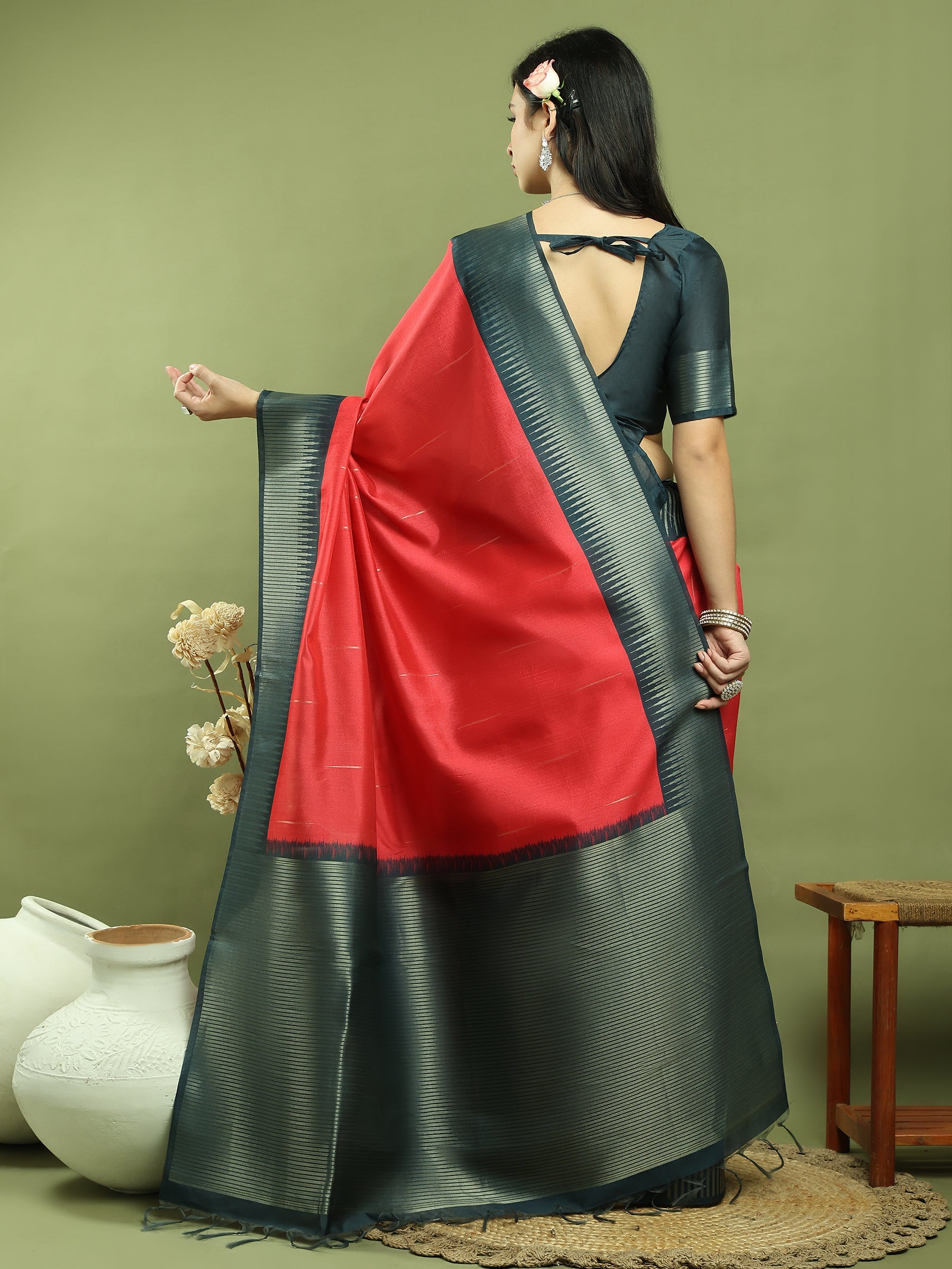 Jyoti Fashion Women's Red Silk Blend Ikat Jari Weaving Pattern with Jari Border Saree with Blouse | Swadesiicart