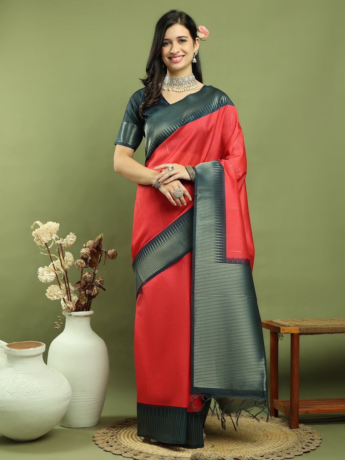 Jyoti Fashion Women's Red Silk Blend Ikat Jari Weaving Pattern with Jari Border Saree with Blouse | Swadesiicart