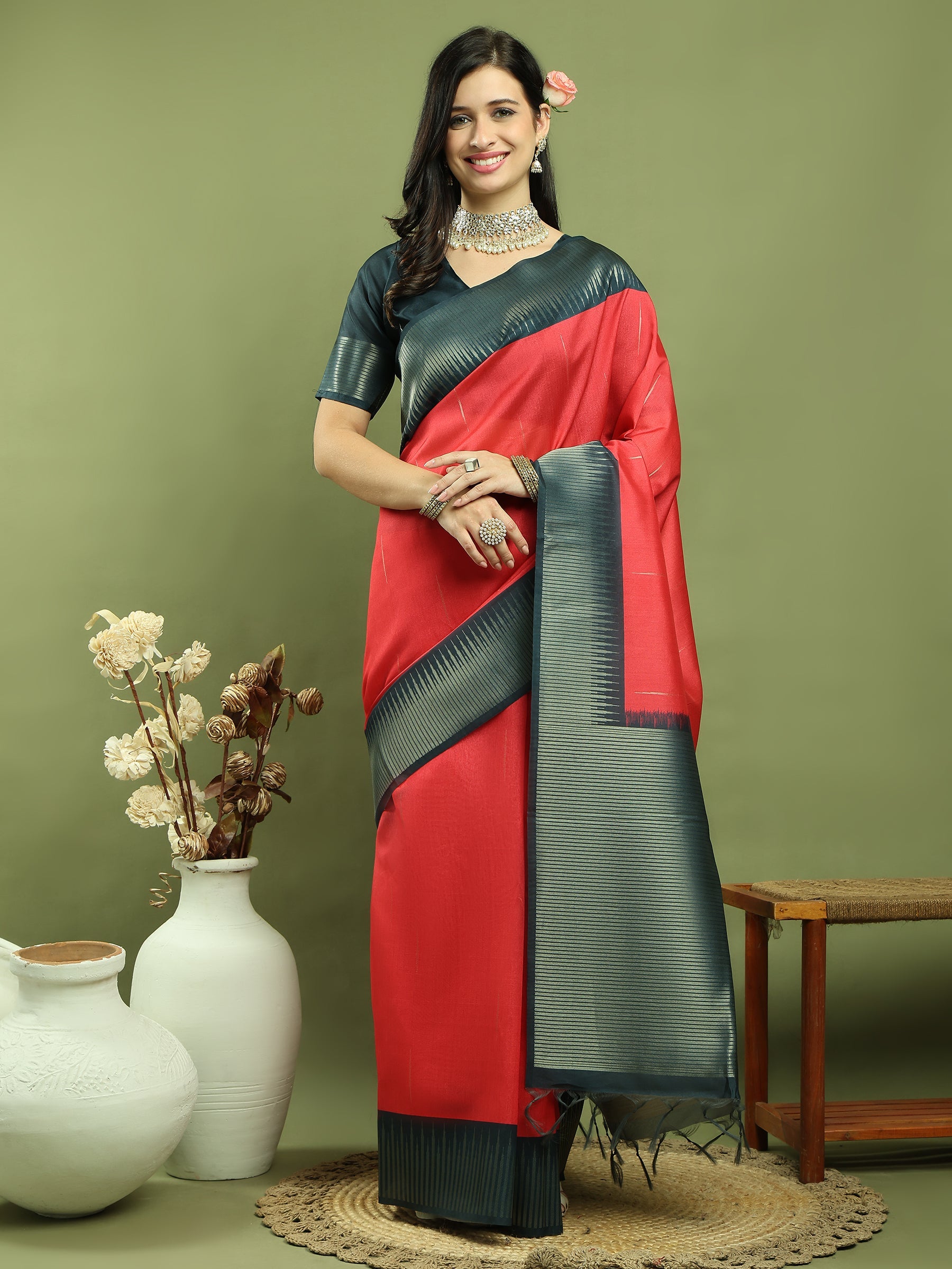 Jyoti Fashion Women's Red Silk Blend Ikat Jari Weaving Pattern with Jari Border Saree with Blouse | Swadesiicart