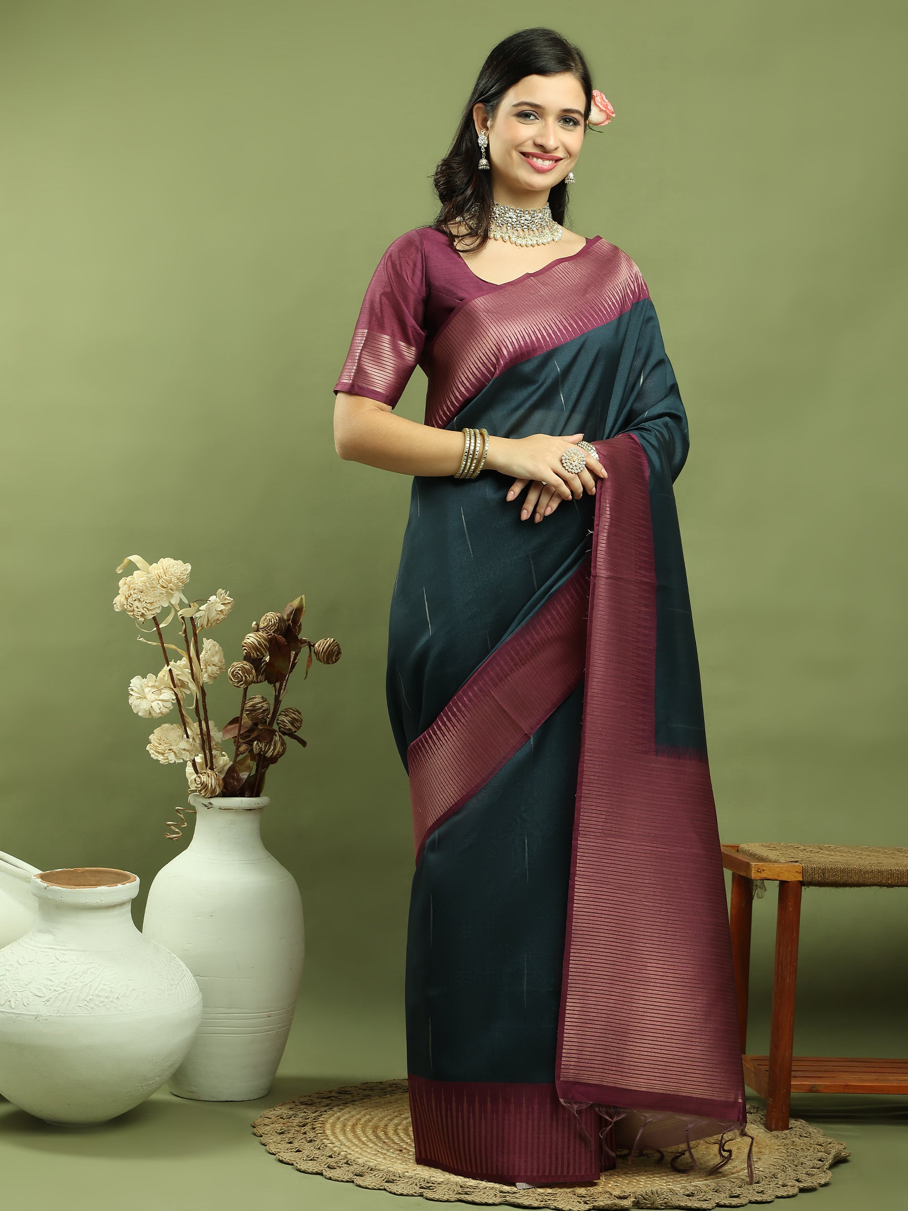 Jyoti Fashion Women's Teal Silk Blend Ikat Jari Weaving Pattern with Jari Border Saree with Blouse | Swadesiicart