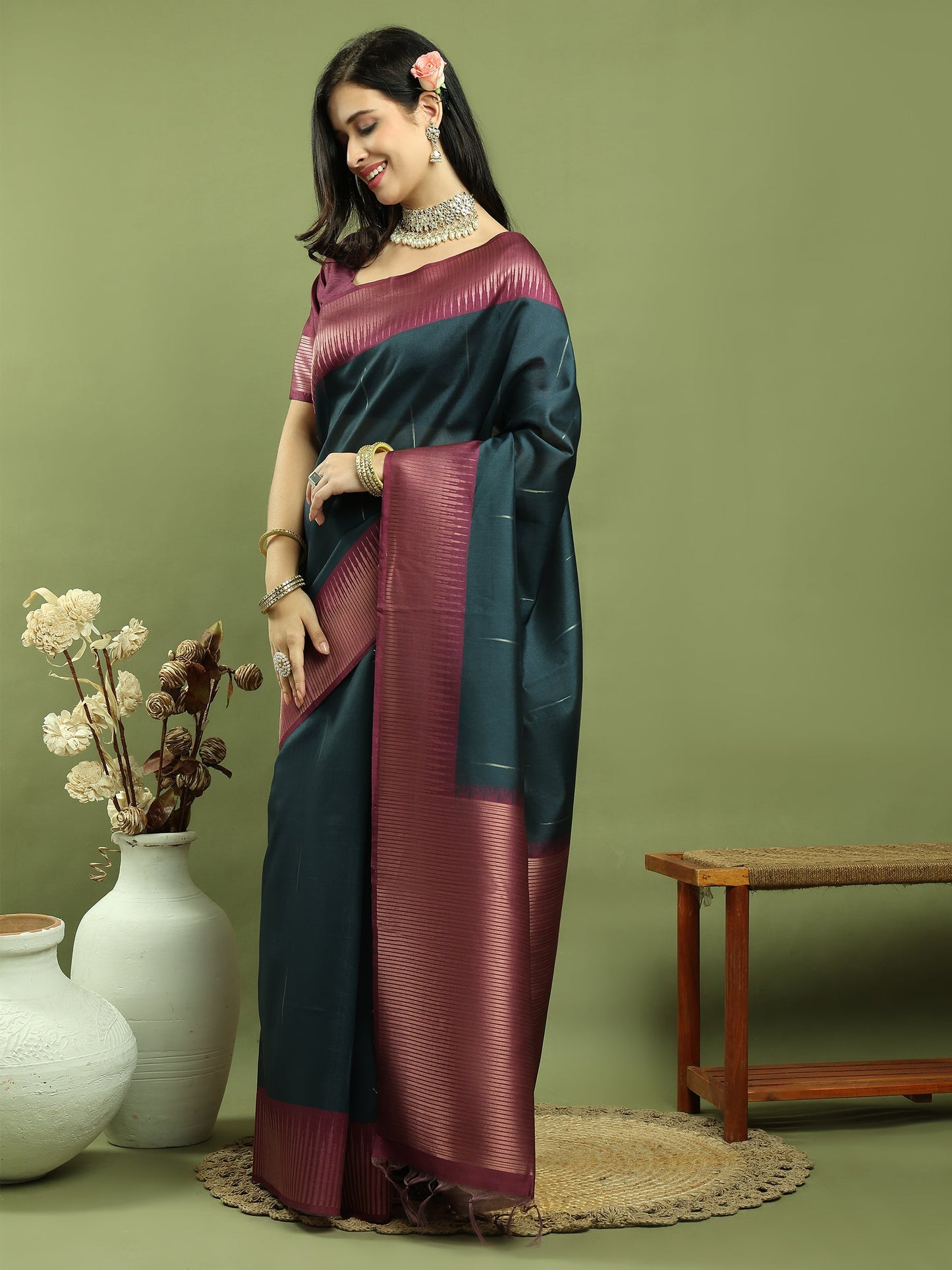Jyoti Fashion Women's Teal Silk Blend Ikat Jari Weaving Pattern with Jari Border Saree with Blouse | Swadesiicart